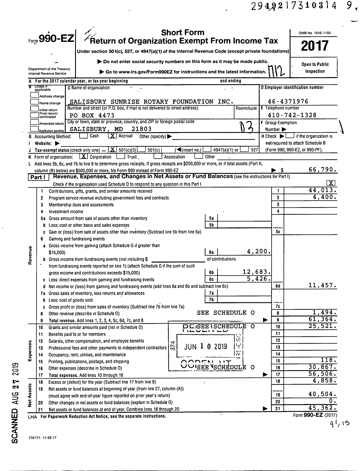 Image of first page of 2017 Form 990EZ for Salisbury Sunrise Rotary Foundation