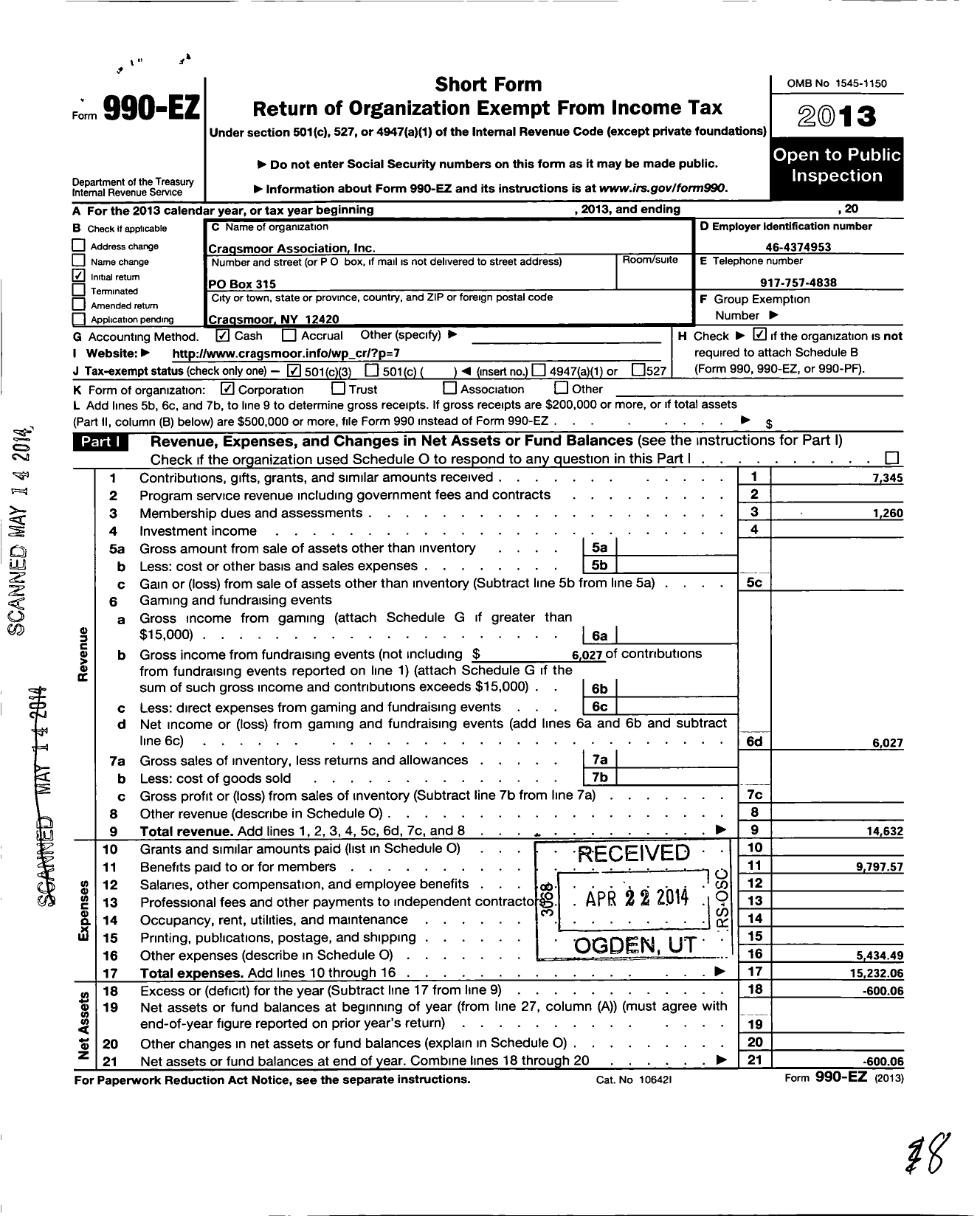 Image of first page of 2013 Form 990EZ for Cragsmoor Association