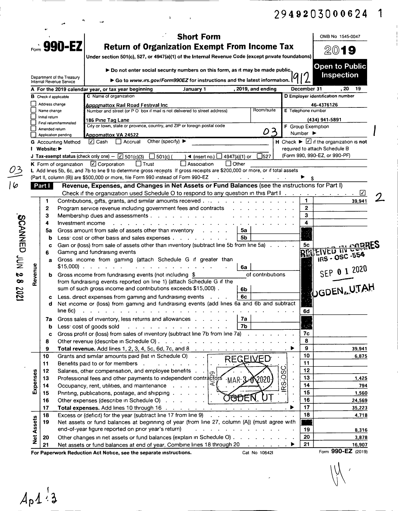 Image of first page of 2019 Form 990EZ for Appomattox Railroad Festival