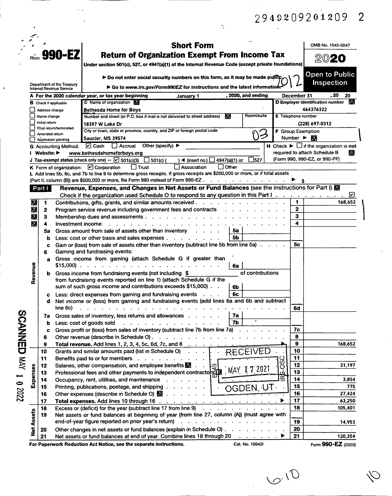 Image of first page of 2020 Form 990EZ for Casa Bethesda