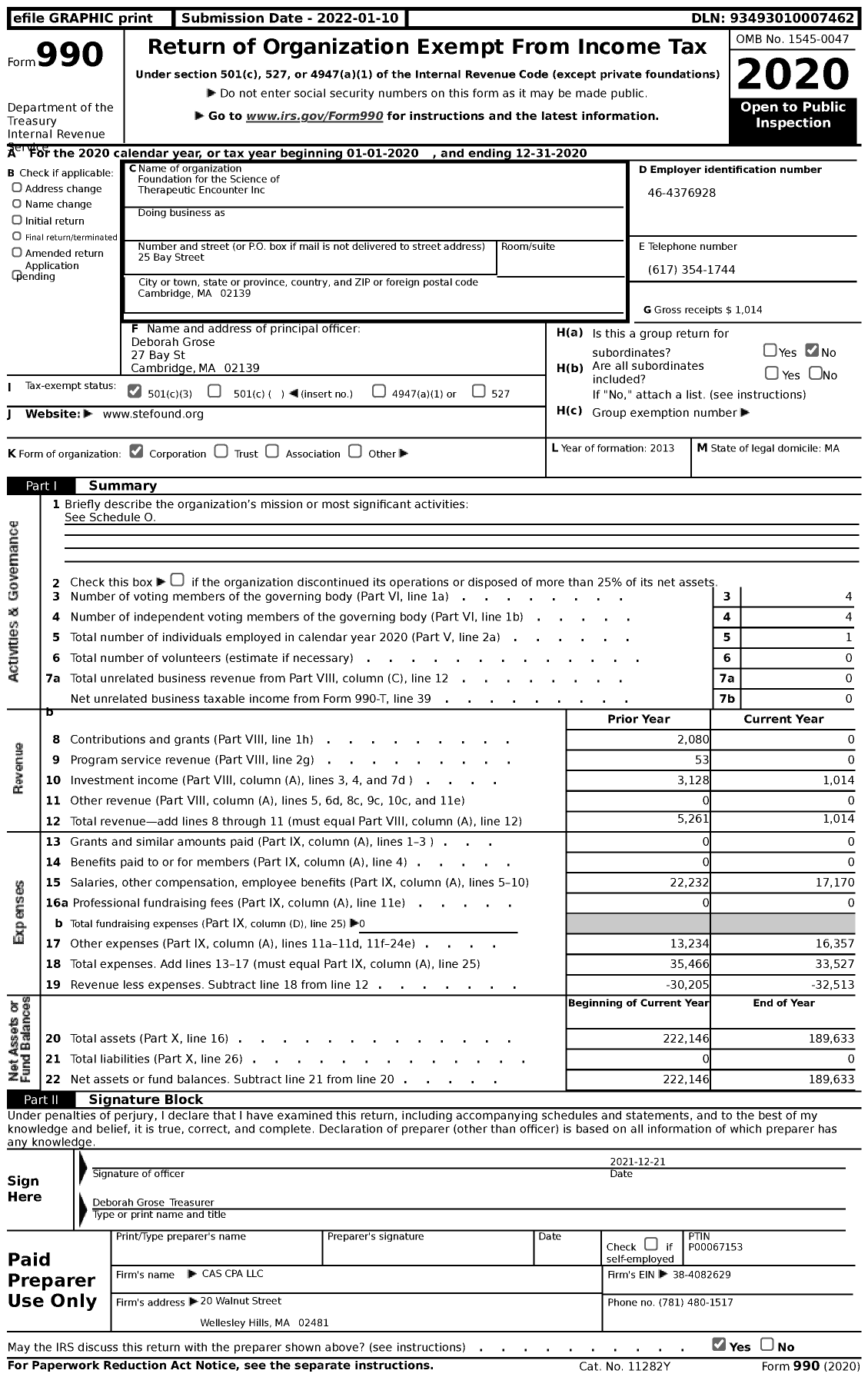 Image of first page of 2020 Form 990 for Foundation for the Science of Therapeutic Encounter