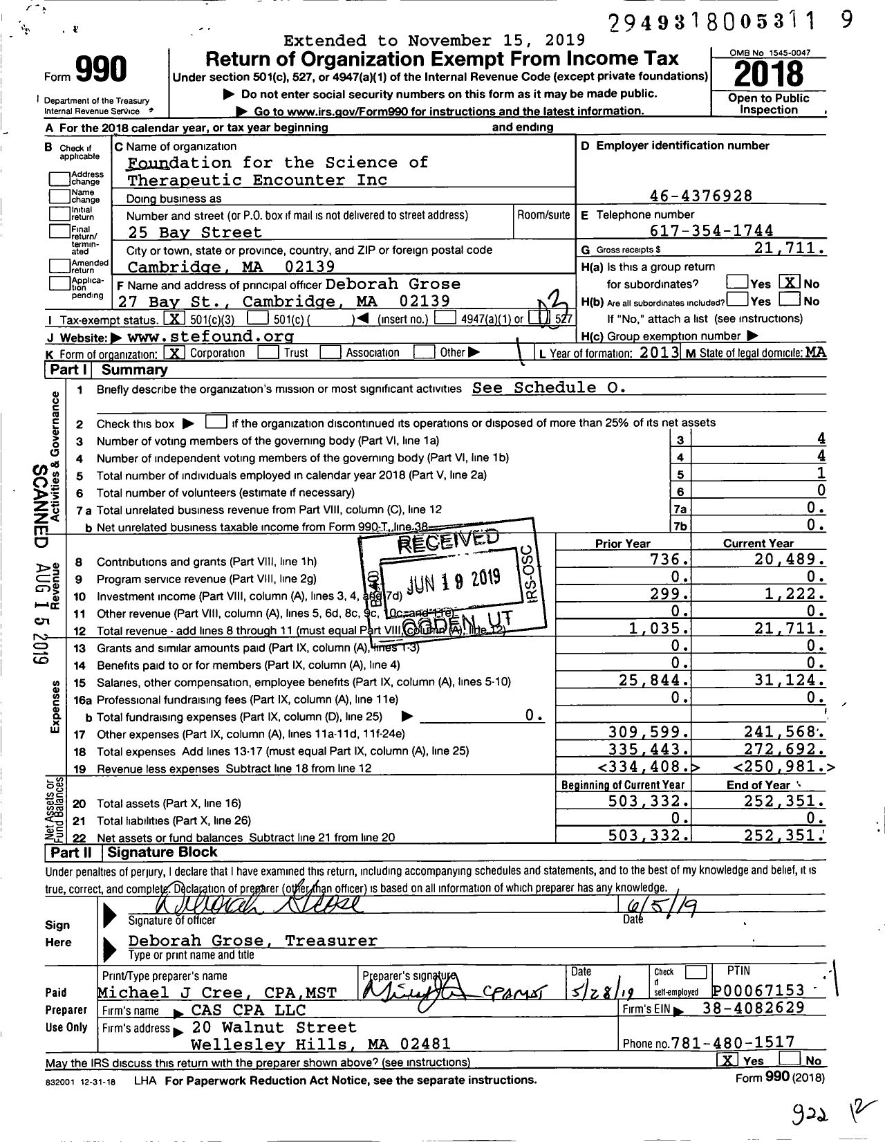 Image of first page of 2018 Form 990 for Foundation for the Science of Therapeutic Encounter