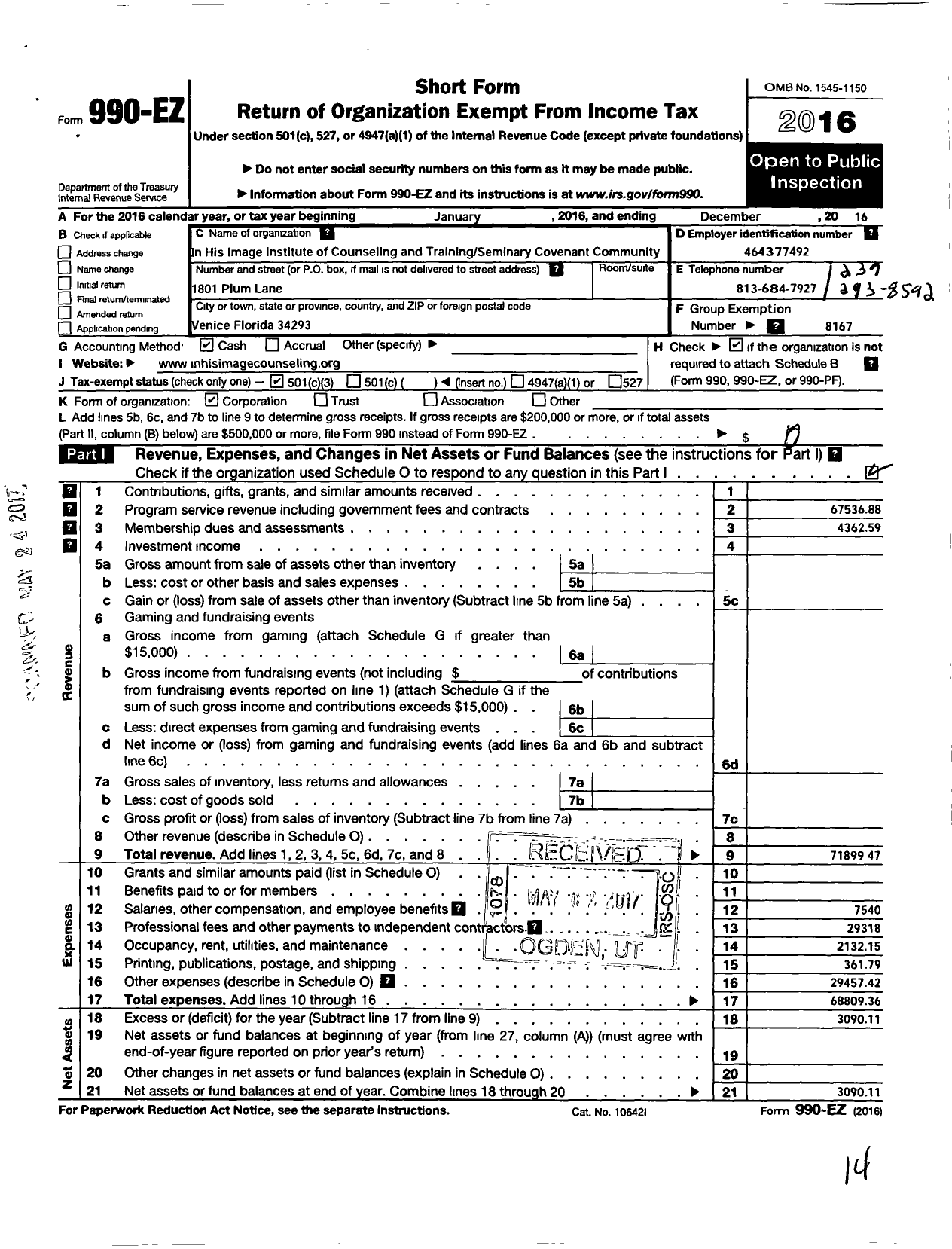 Image of first page of 2016 Form 990EZ for In His Image Institute of Counseling and Training