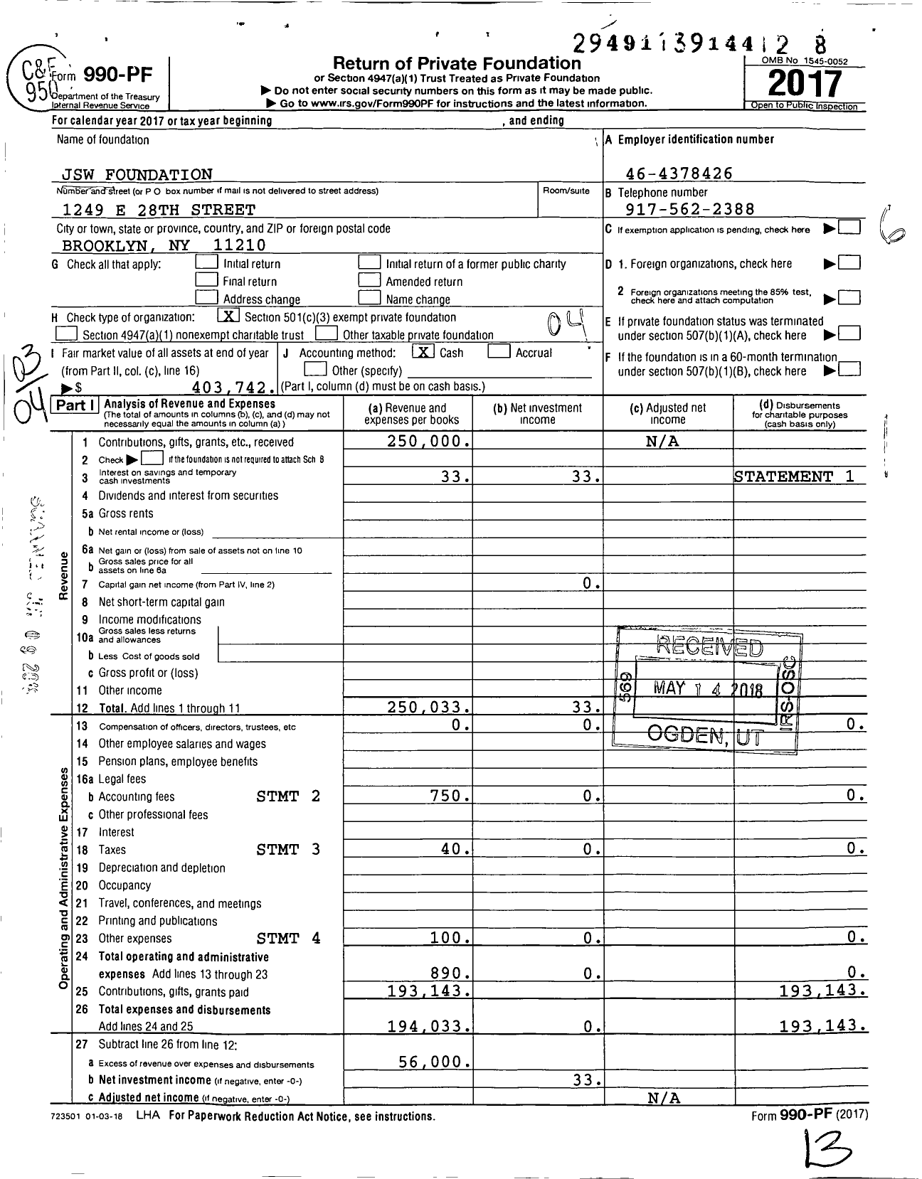 Image of first page of 2017 Form 990PF for JSW Foundation