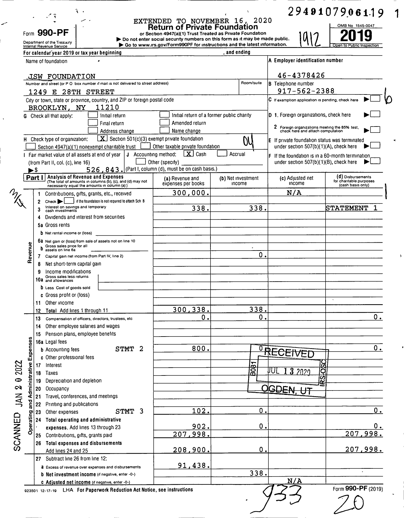 Image of first page of 2019 Form 990PF for JSW Foundation