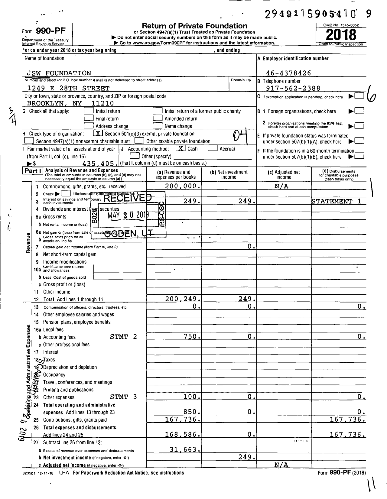 Image of first page of 2018 Form 990PF for JSW Foundation