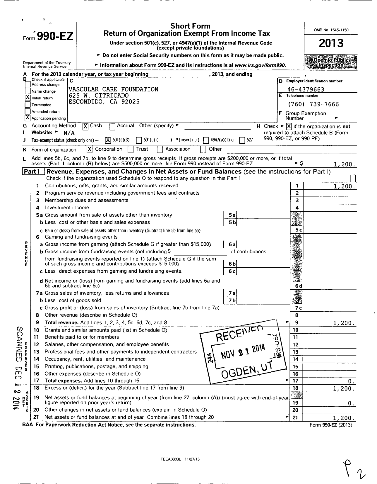 Image of first page of 2013 Form 990EZ for Vascular Care Foundation