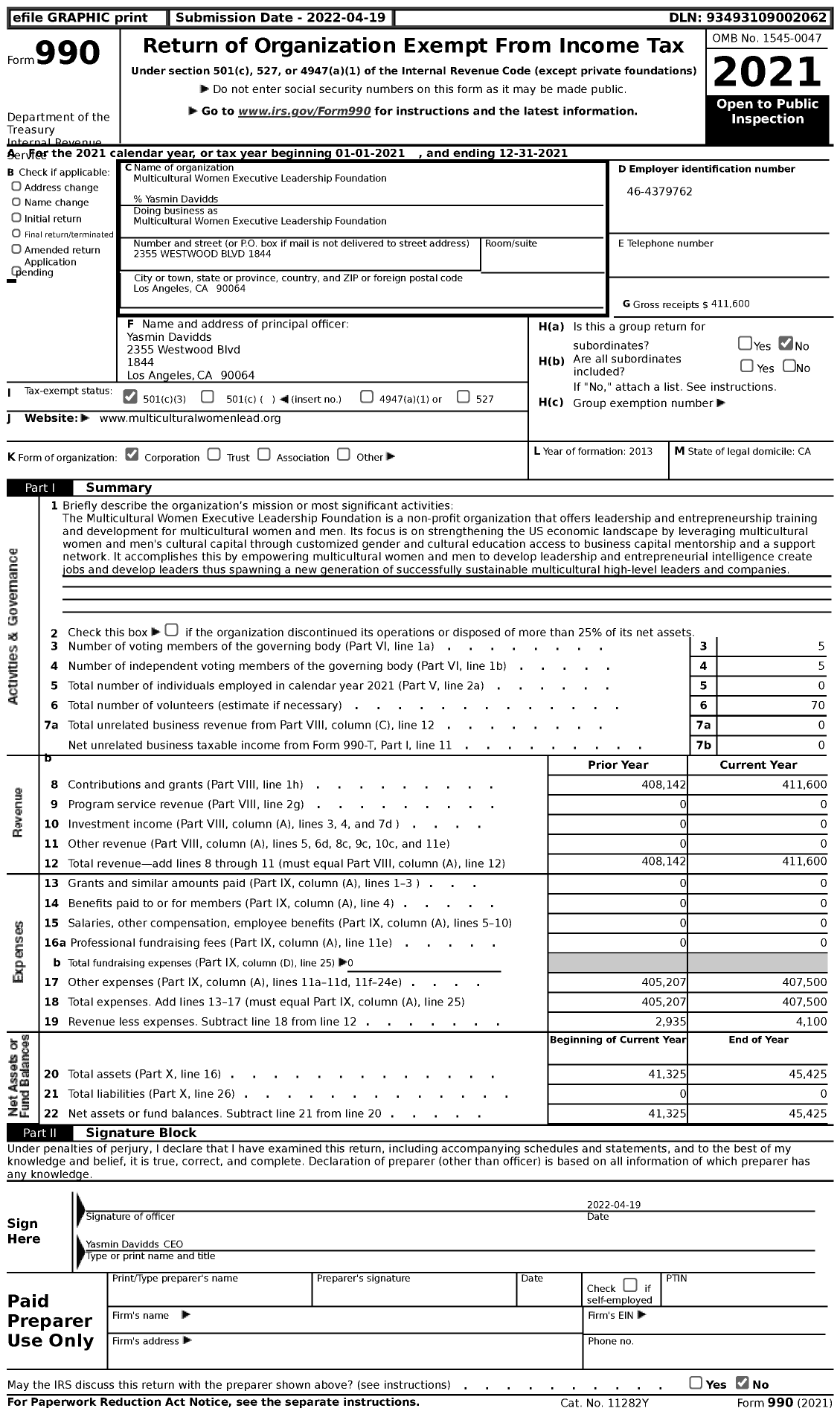 Image of first page of 2021 Form 990 for Multicultural Women Executive Leadership Foundation