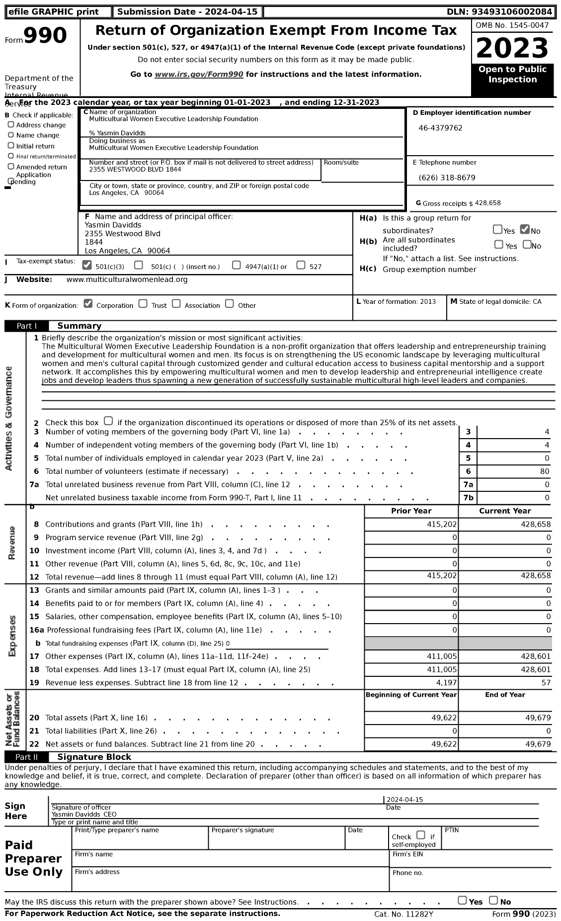 Image of first page of 2023 Form 990 for Multicultural Women Executive Leadership Foundation