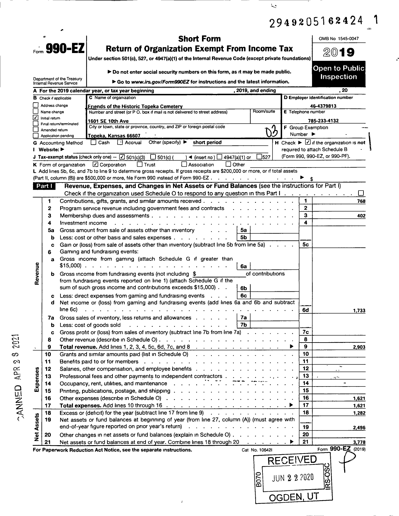 Image of first page of 2019 Form 990EZ for Friends of Historic Topeka Cemetery