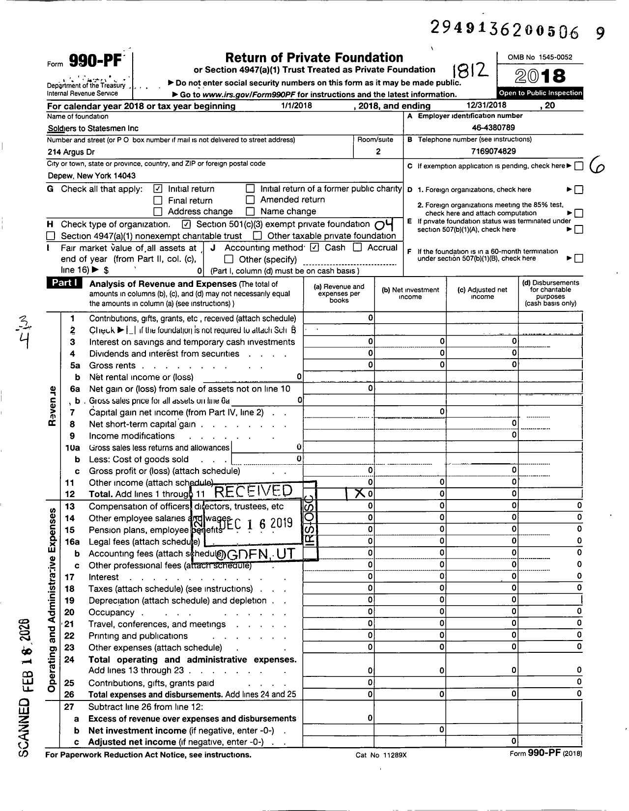 Image of first page of 2018 Form 990PF for Soldiers to Statesmen