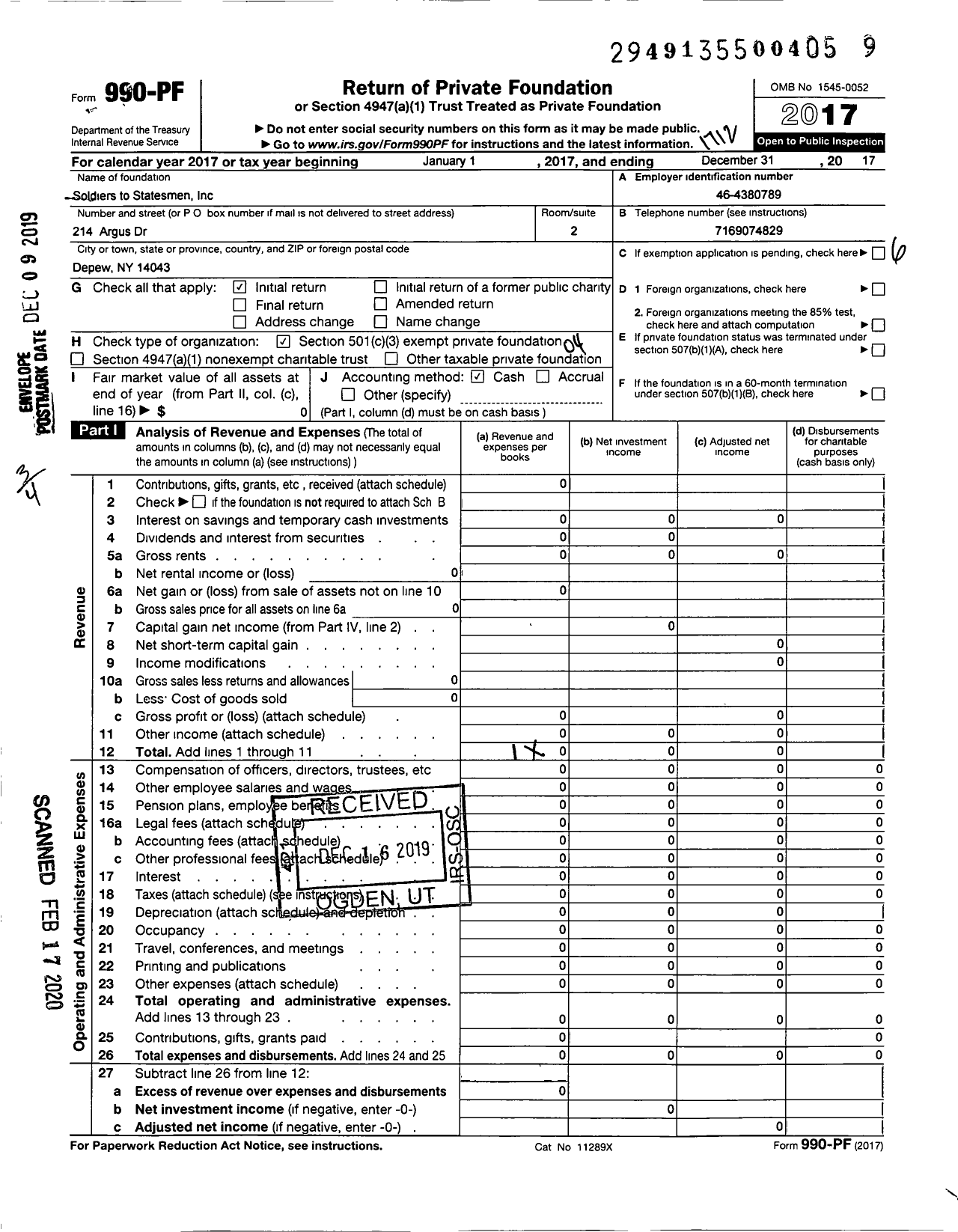 Image of first page of 2017 Form 990PF for Soldiers to Statesmen