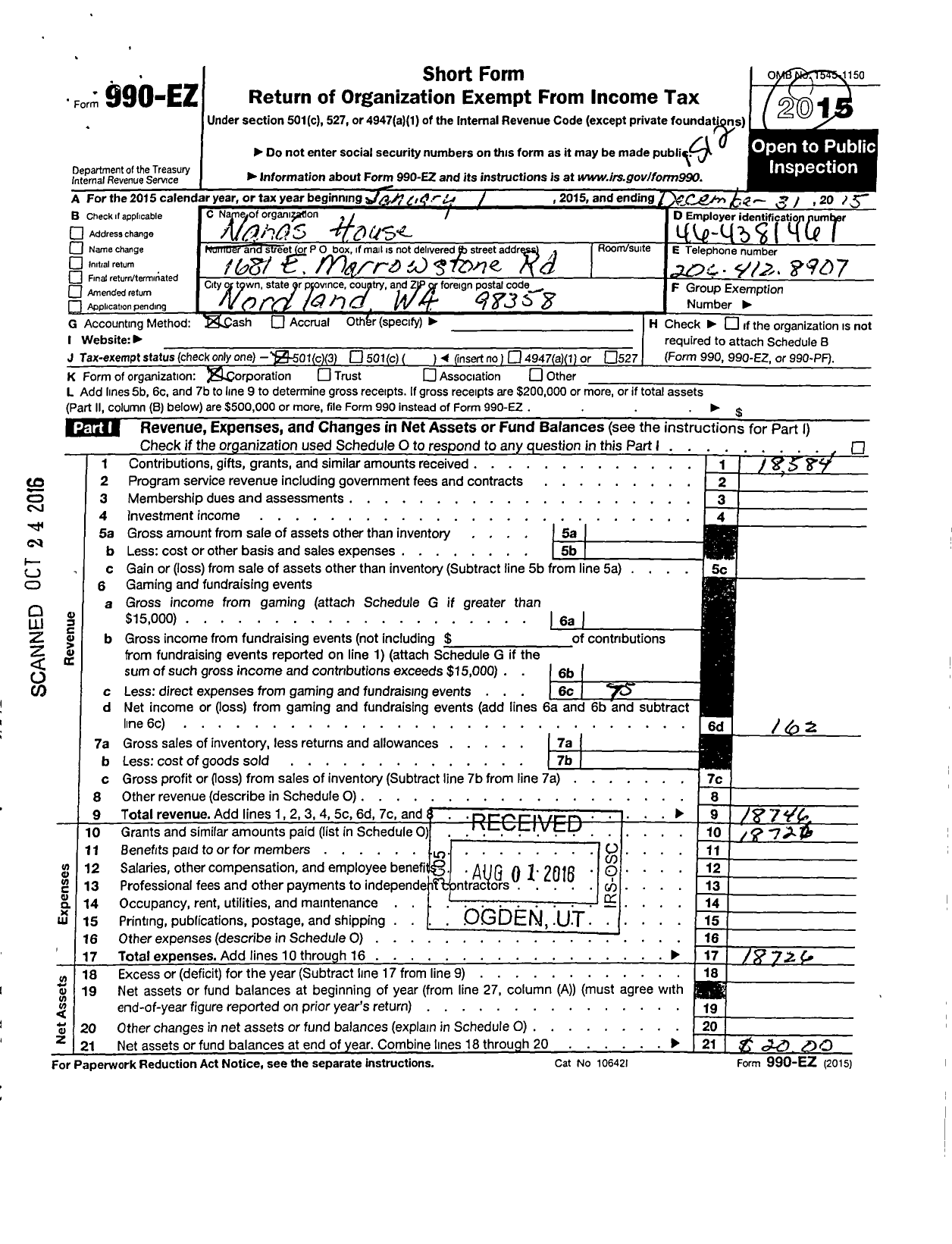 Image of first page of 2015 Form 990EZ for Nanas House