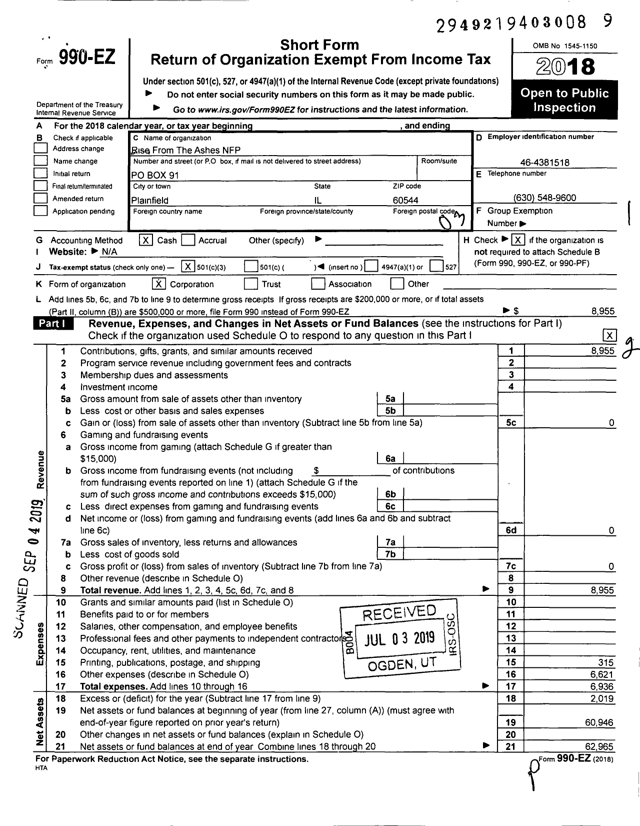 Image of first page of 2018 Form 990EZ for Rise From The Ashes NFP