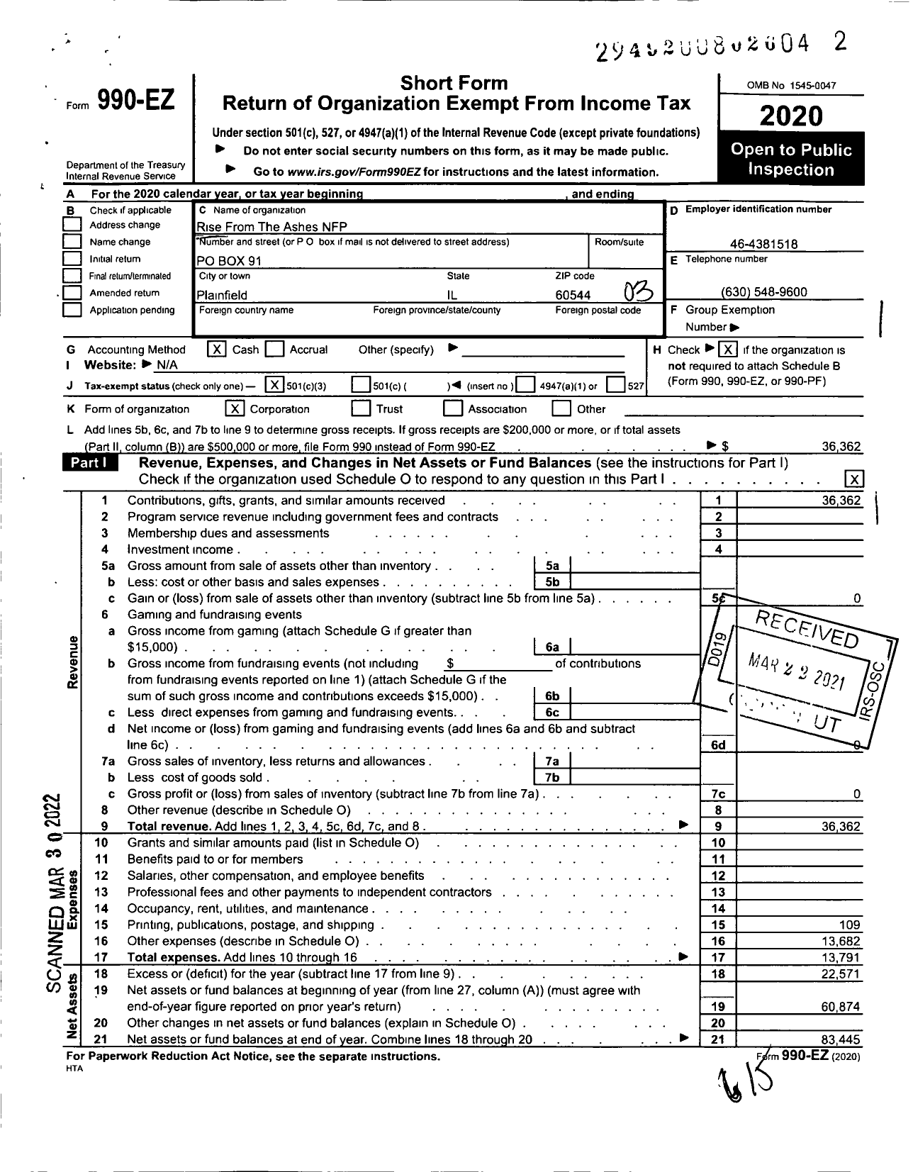 Image of first page of 2020 Form 990EZ for Rise From The Ashes NFP