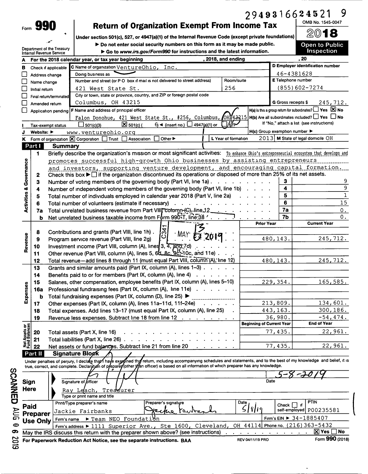 Image of first page of 2018 Form 990O for VentureOhio