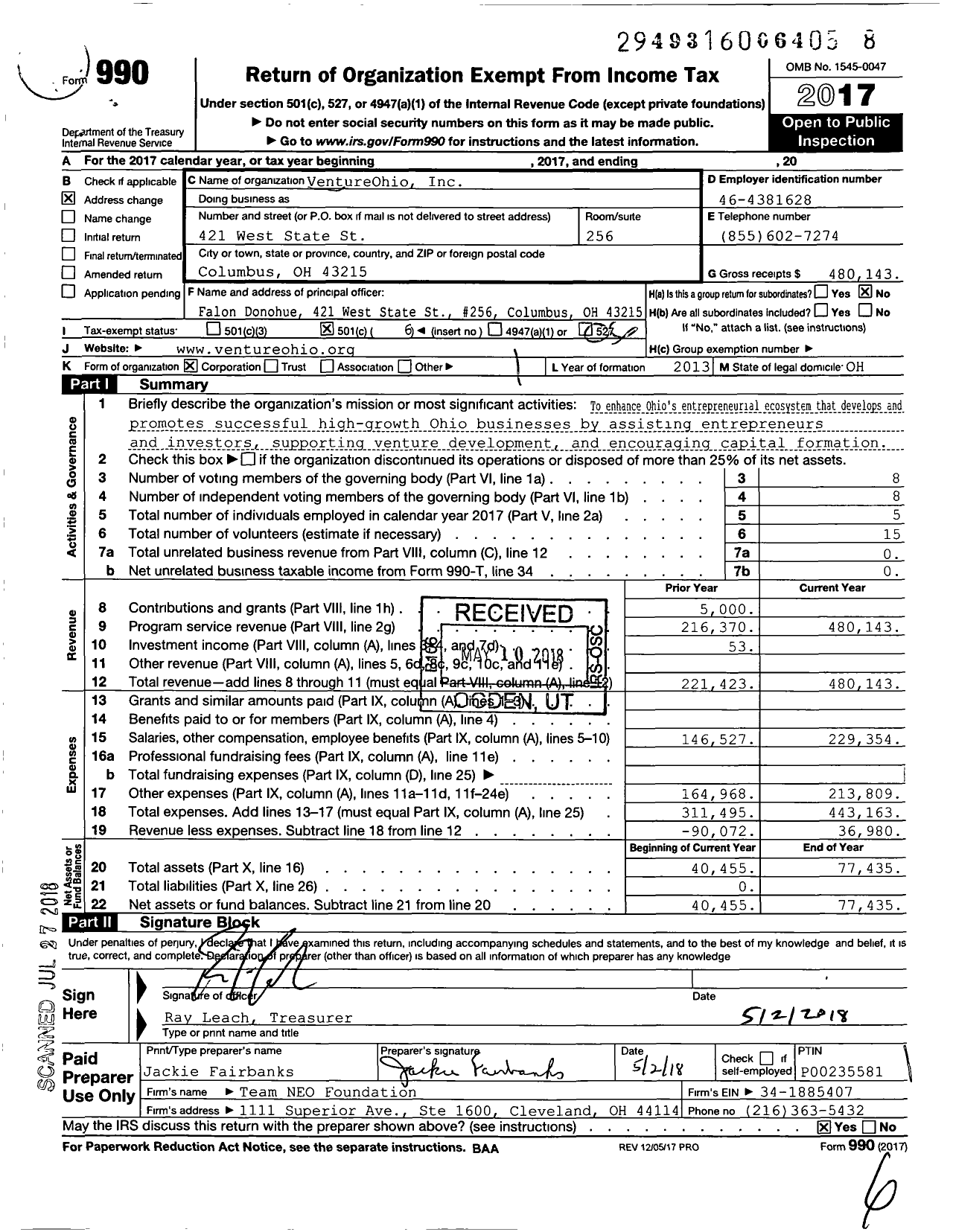 Image of first page of 2017 Form 990O for VentureOhio