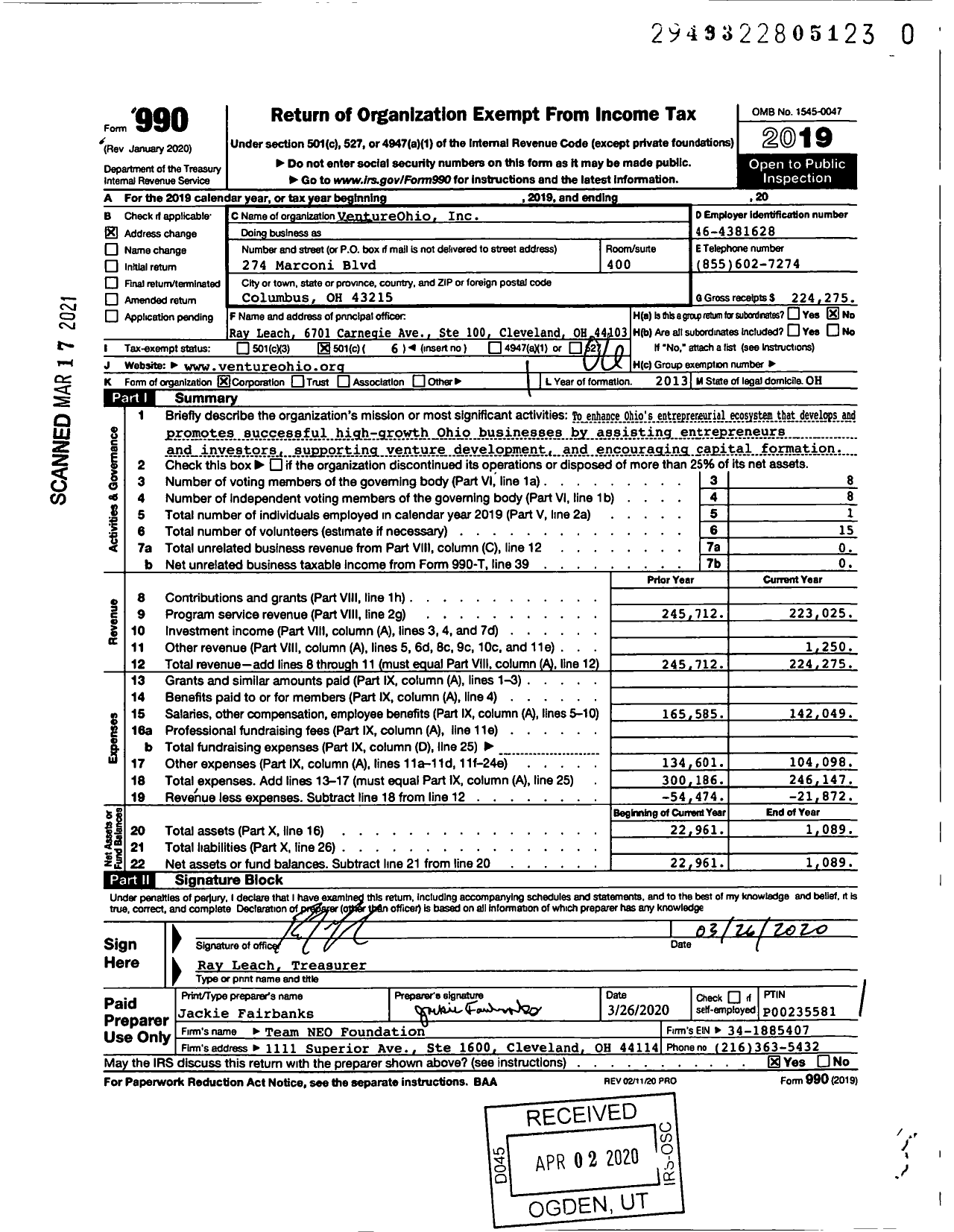 Image of first page of 2019 Form 990O for VentureOhio