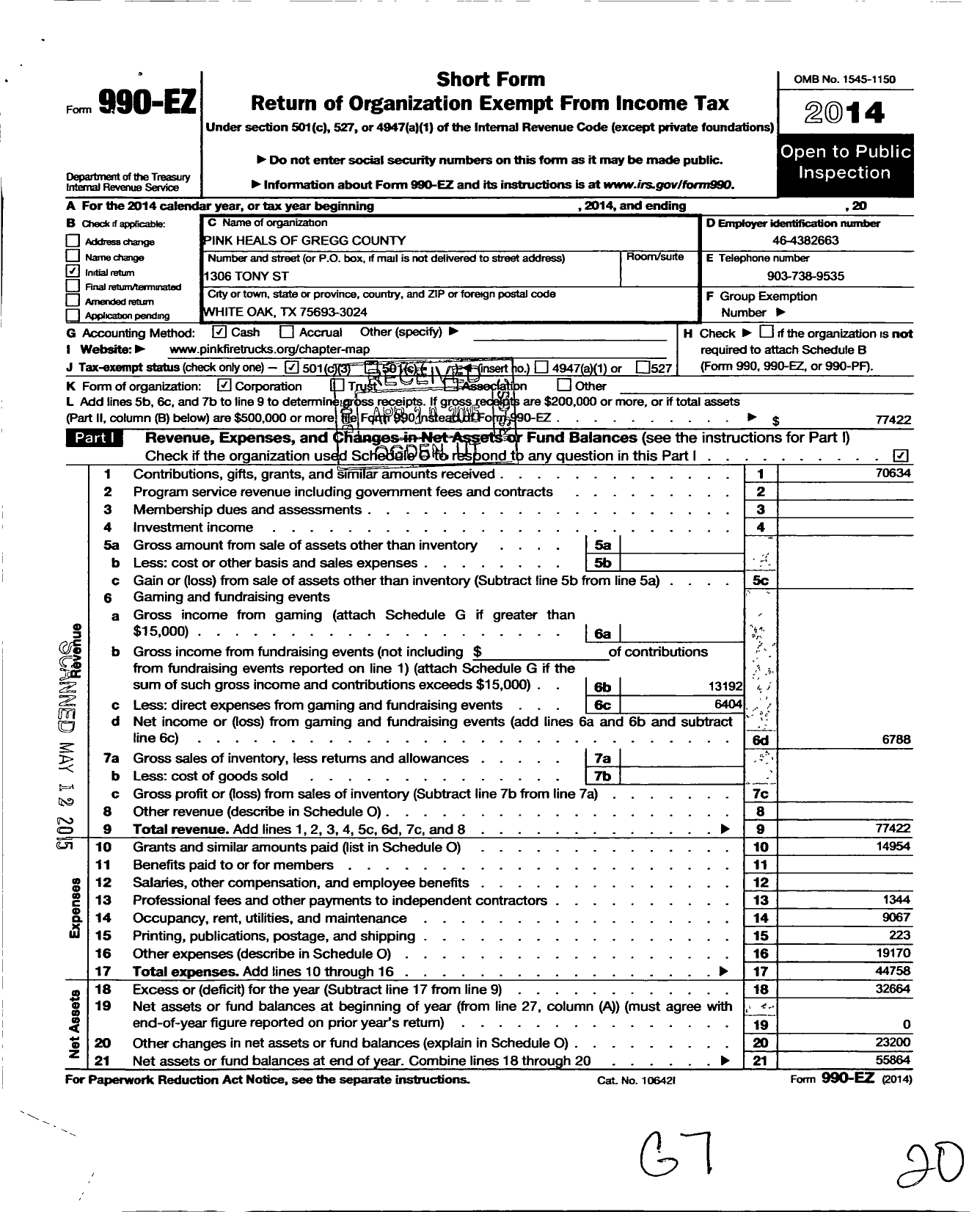 Image of first page of 2014 Form 990EZ for Pink Heals of Gregg County