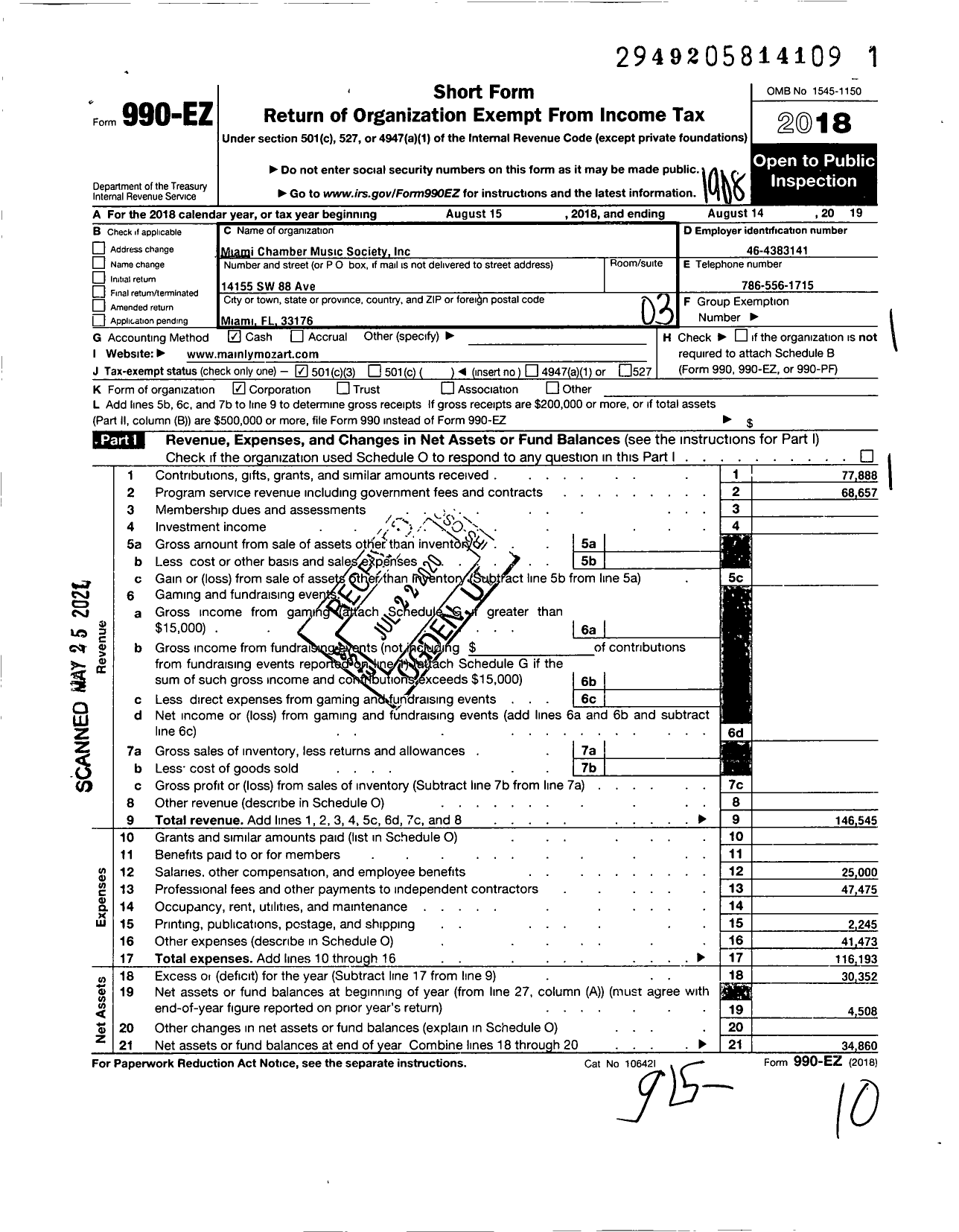 Image of first page of 2018 Form 990EZ for Miami Chamber Music Society