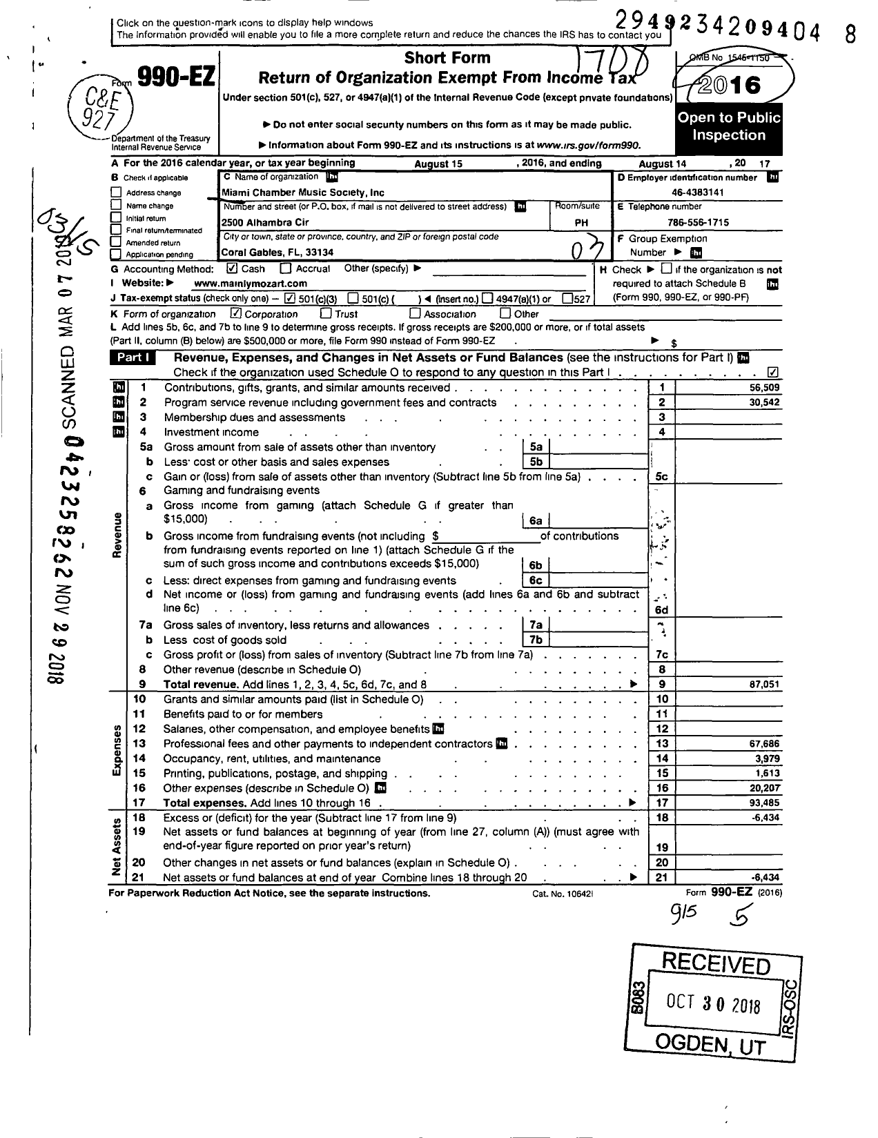 Image of first page of 2016 Form 990EZ for Miami Chamber Music Society