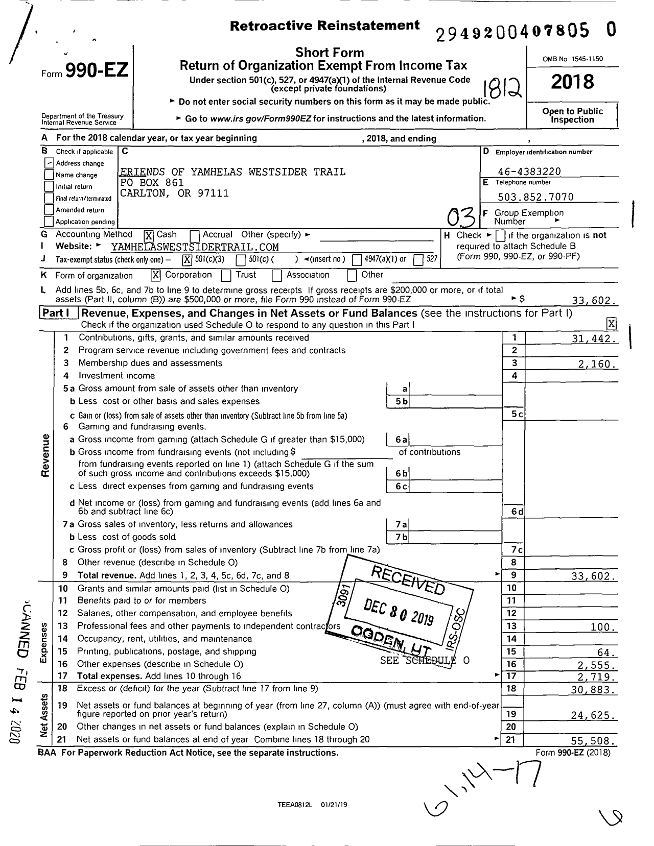 Image of first page of 2018 Form 990EZ for Friends of Yamhelas Westsider Trail