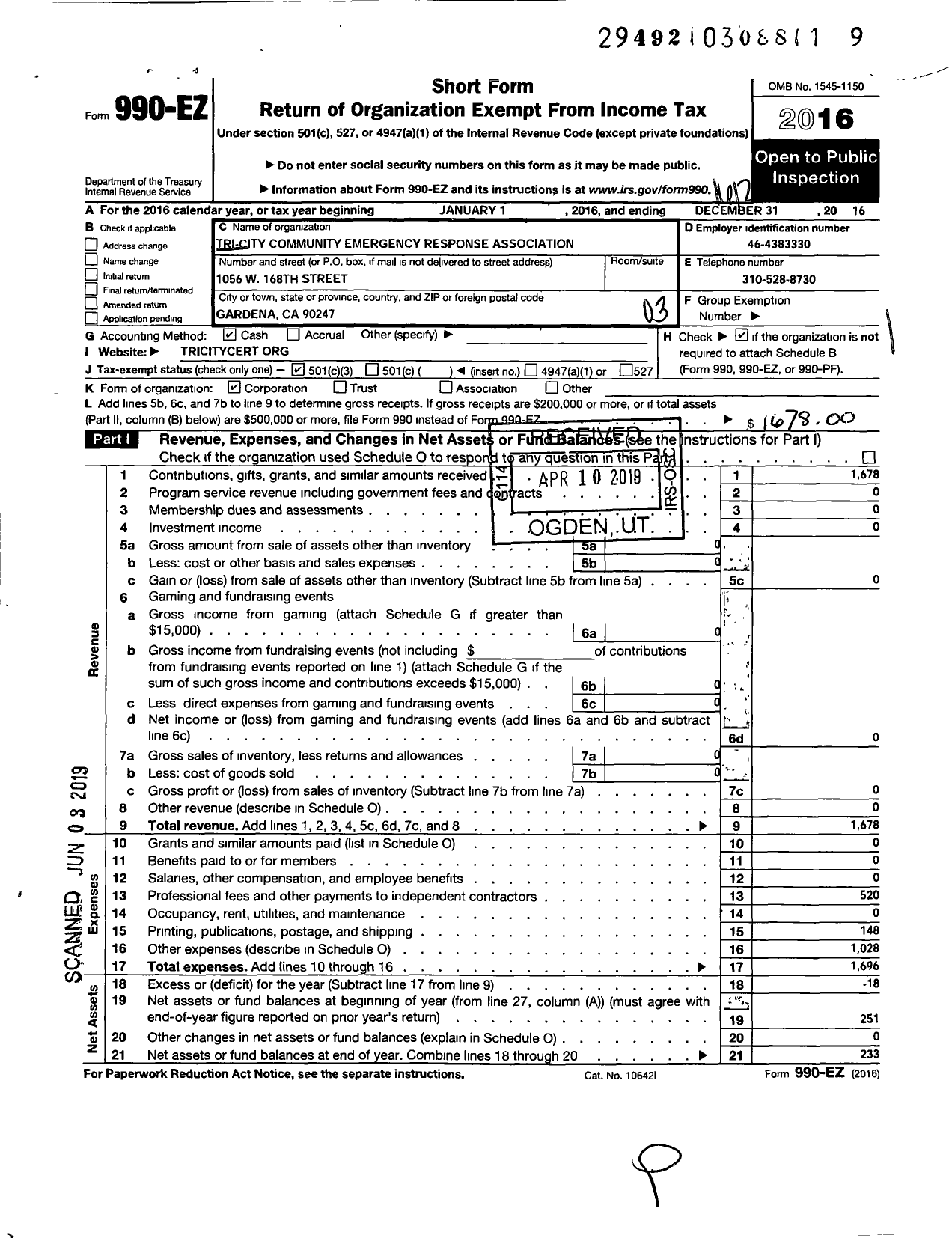 Image of first page of 2016 Form 990EZ for Tri-City Community Emergency Response Team Association