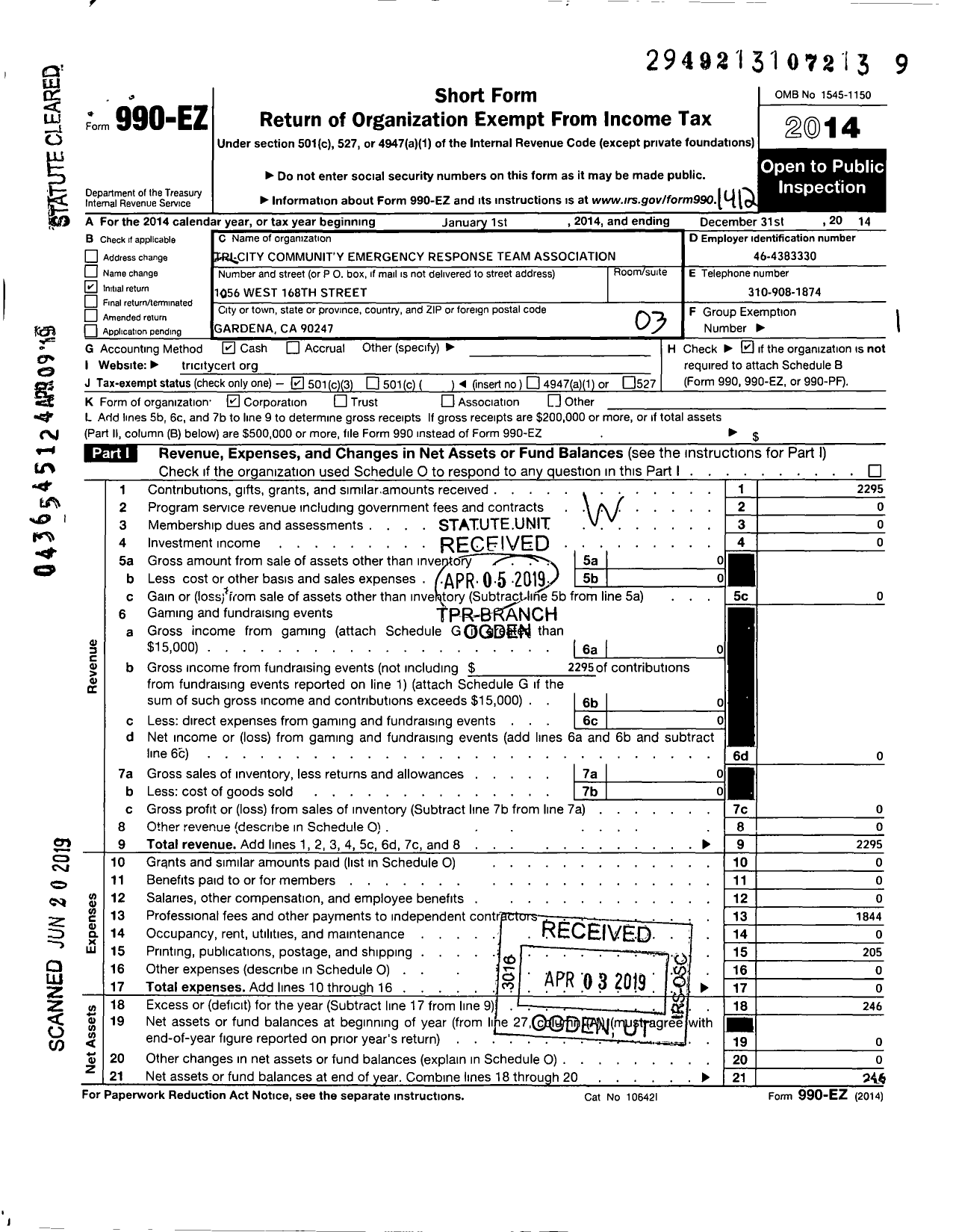 Image of first page of 2014 Form 990EZ for Tri-City Community Emergency Response Team Association