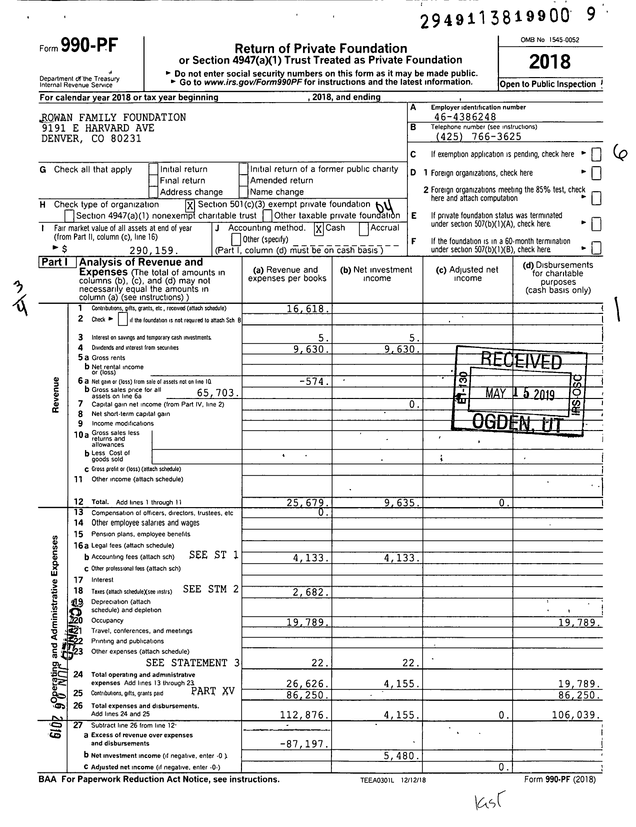 Image of first page of 2018 Form 990PF for Rowan Family Foundation