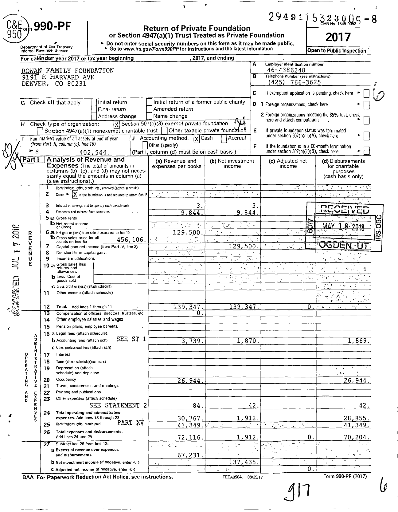 Image of first page of 2017 Form 990PF for Rowan Family Foundation