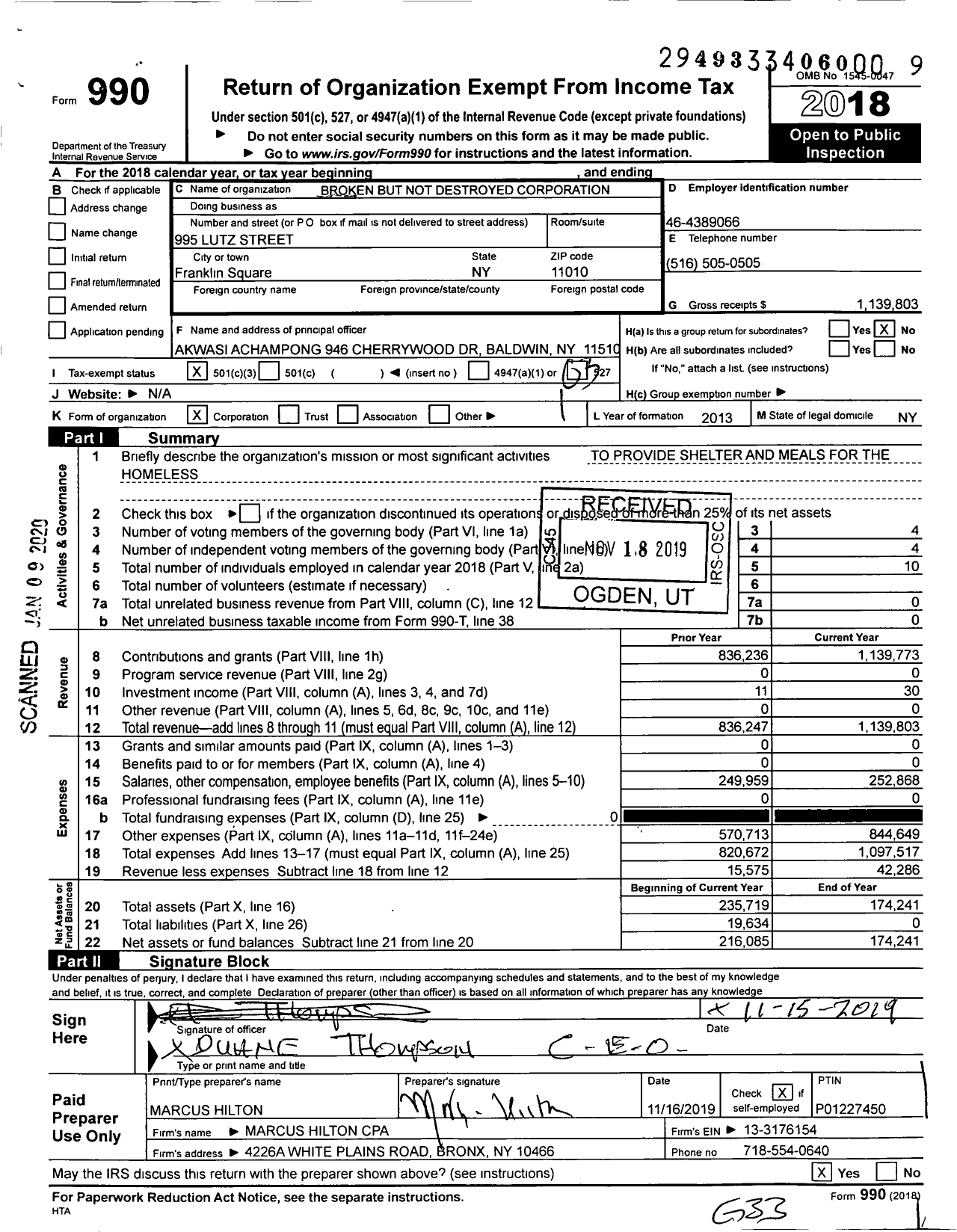 Image of first page of 2018 Form 990 for Broken But Not Destroyed Corporation