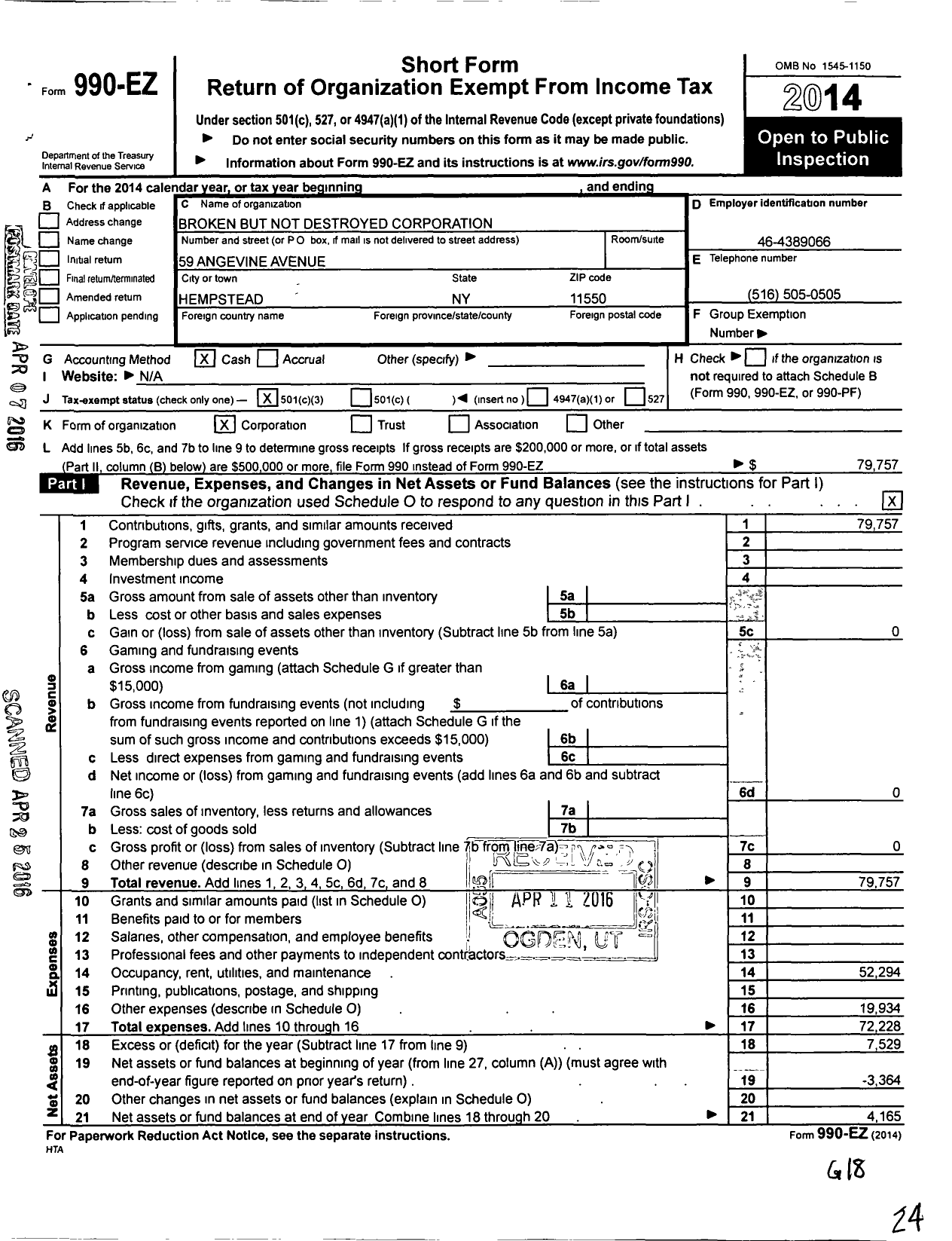 Image of first page of 2014 Form 990EZ for Broken But Not Destroyed Corporation