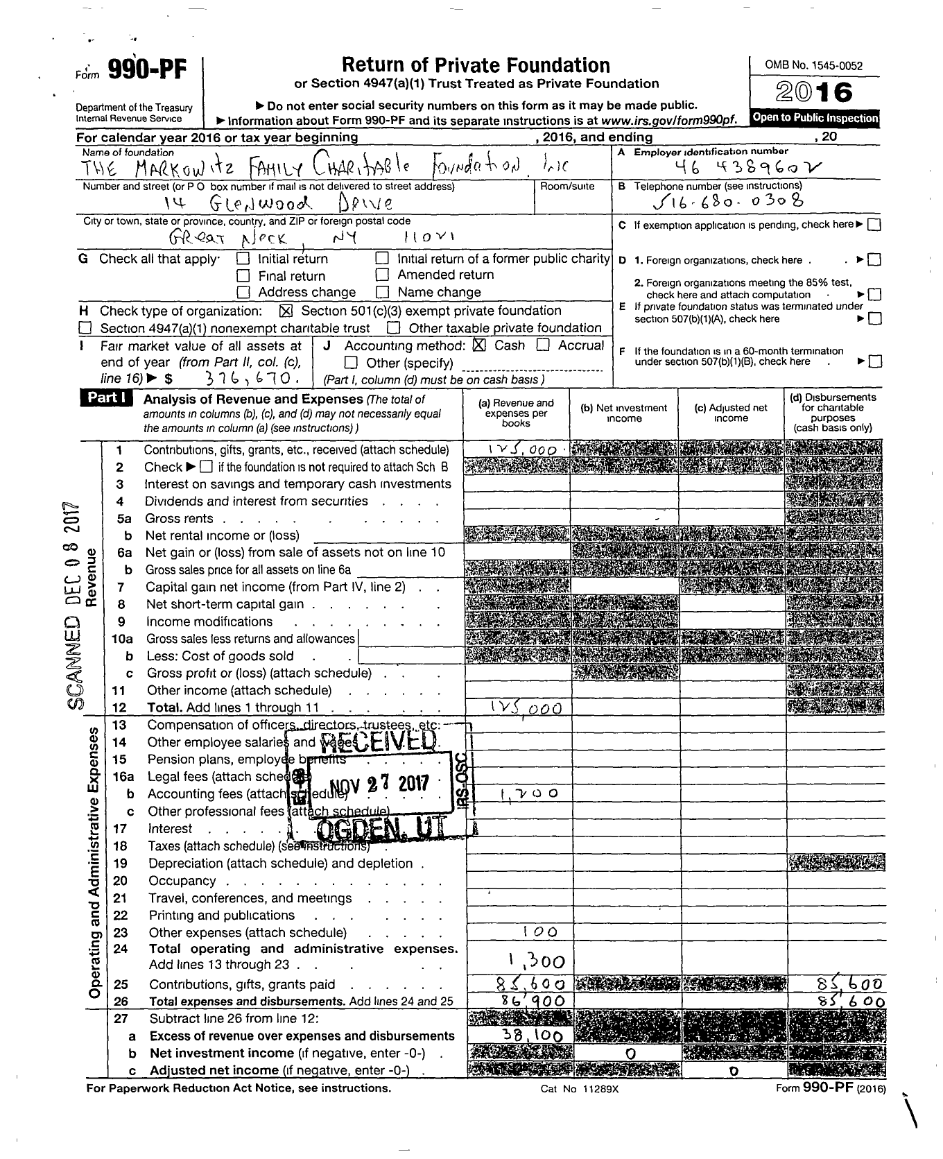 Image of first page of 2016 Form 990PF for The Markowitz Family Charitable Foundation