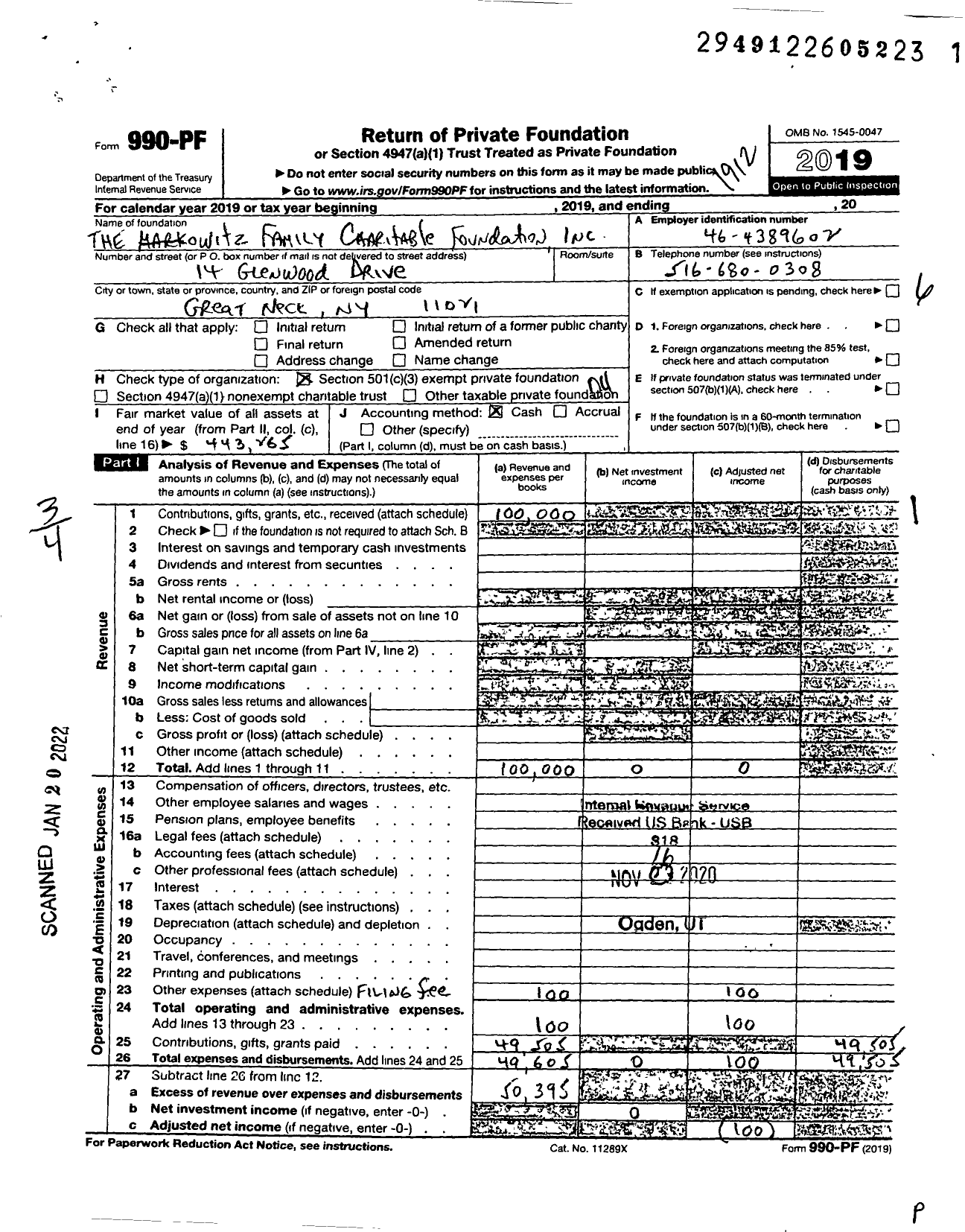 Image of first page of 2019 Form 990PF for The Markowitz Family Charitable Foundation
