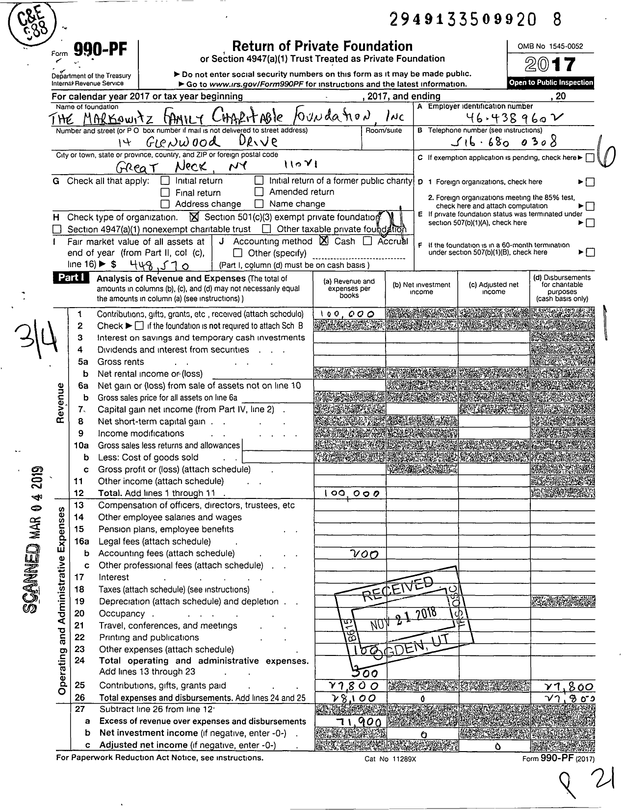 Image of first page of 2017 Form 990PF for The Markowitz Family Charitable Foundation