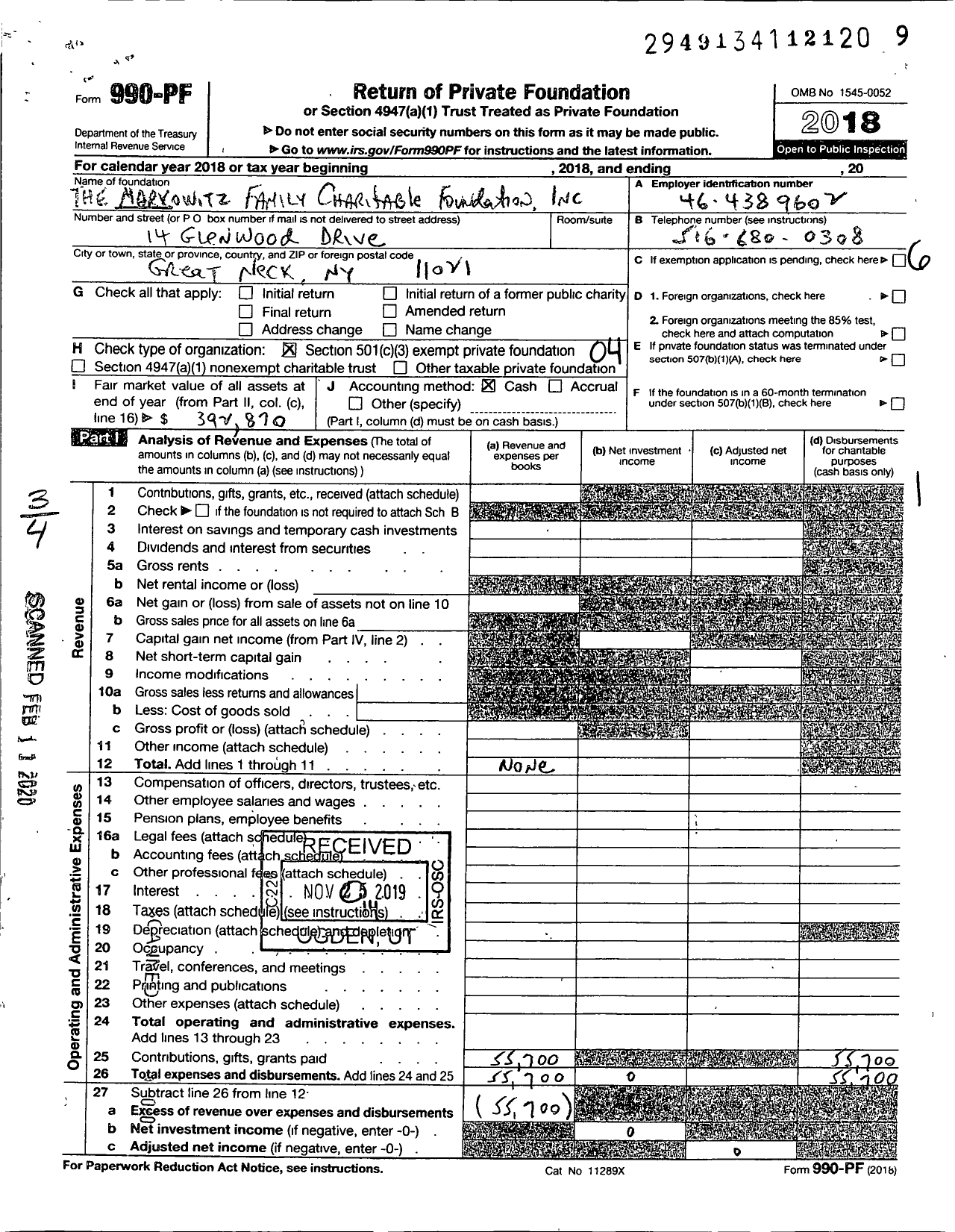 Image of first page of 2018 Form 990PF for The Markowitz Family Charitable Foundation