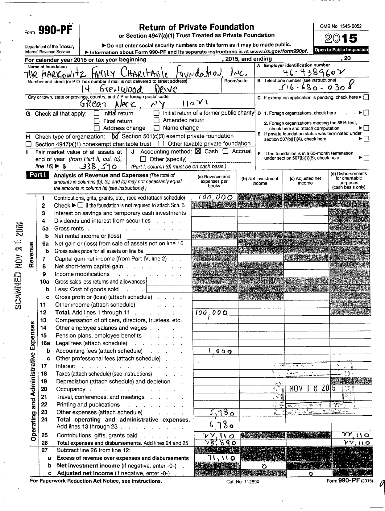 Image of first page of 2015 Form 990PF for The Markowitz Family Charitable Foundation