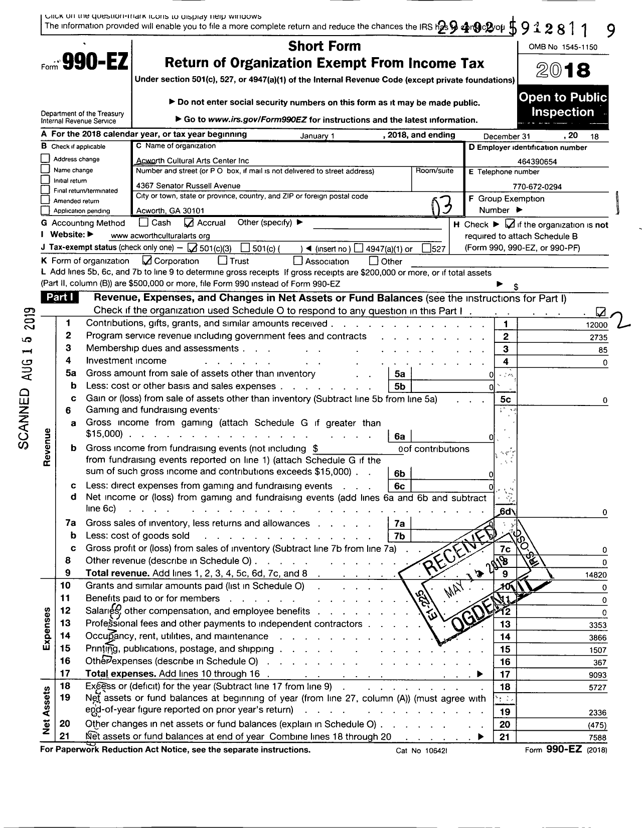 Image of first page of 2018 Form 990EZ for Acworth Cultural Arts Center