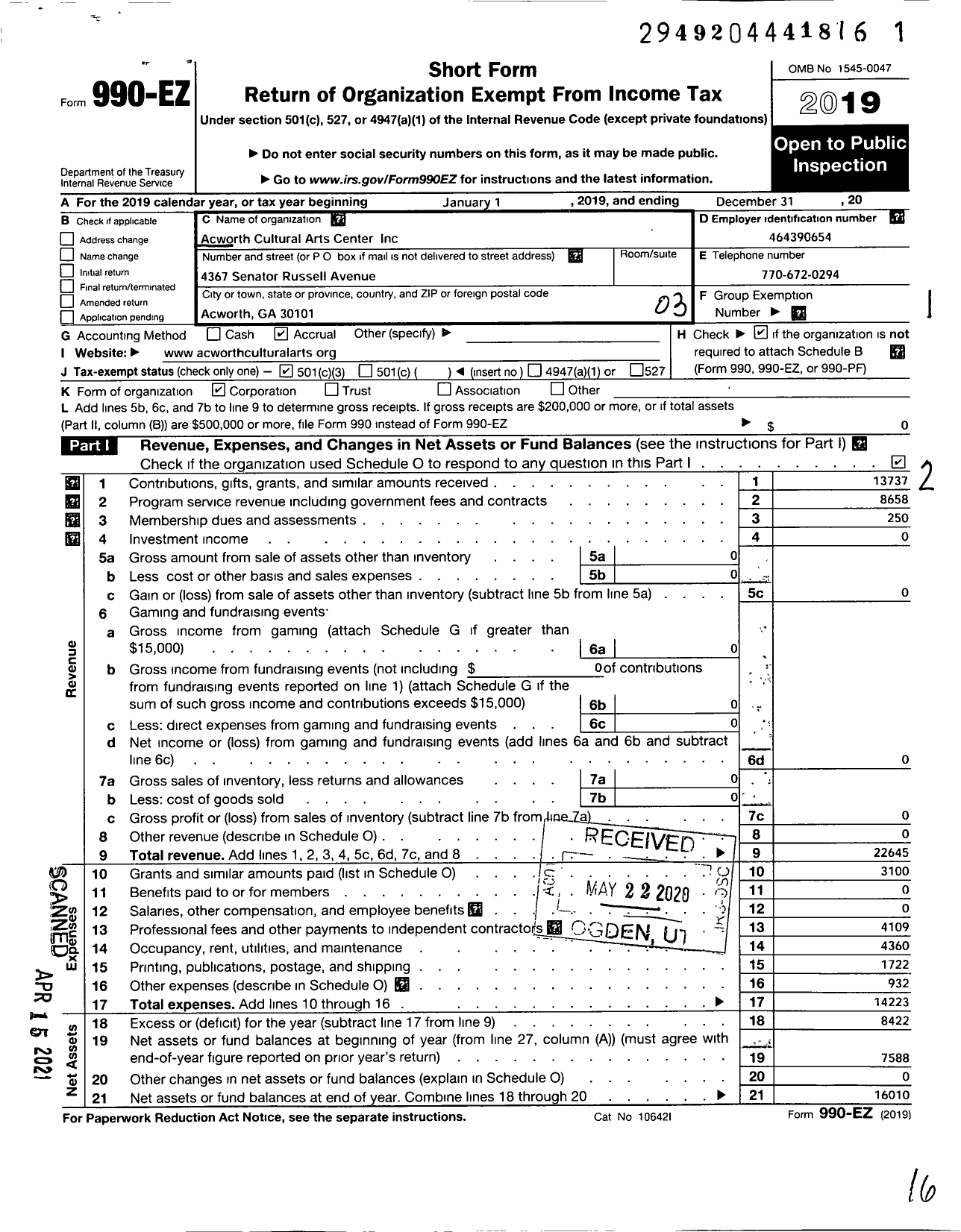 Image of first page of 2019 Form 990EZ for Acworth Cultural Arts Center