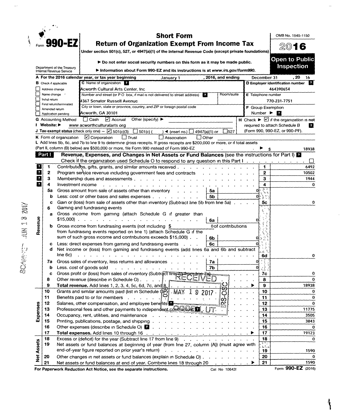 Image of first page of 2016 Form 990EZ for Acworth Cultural Arts Center