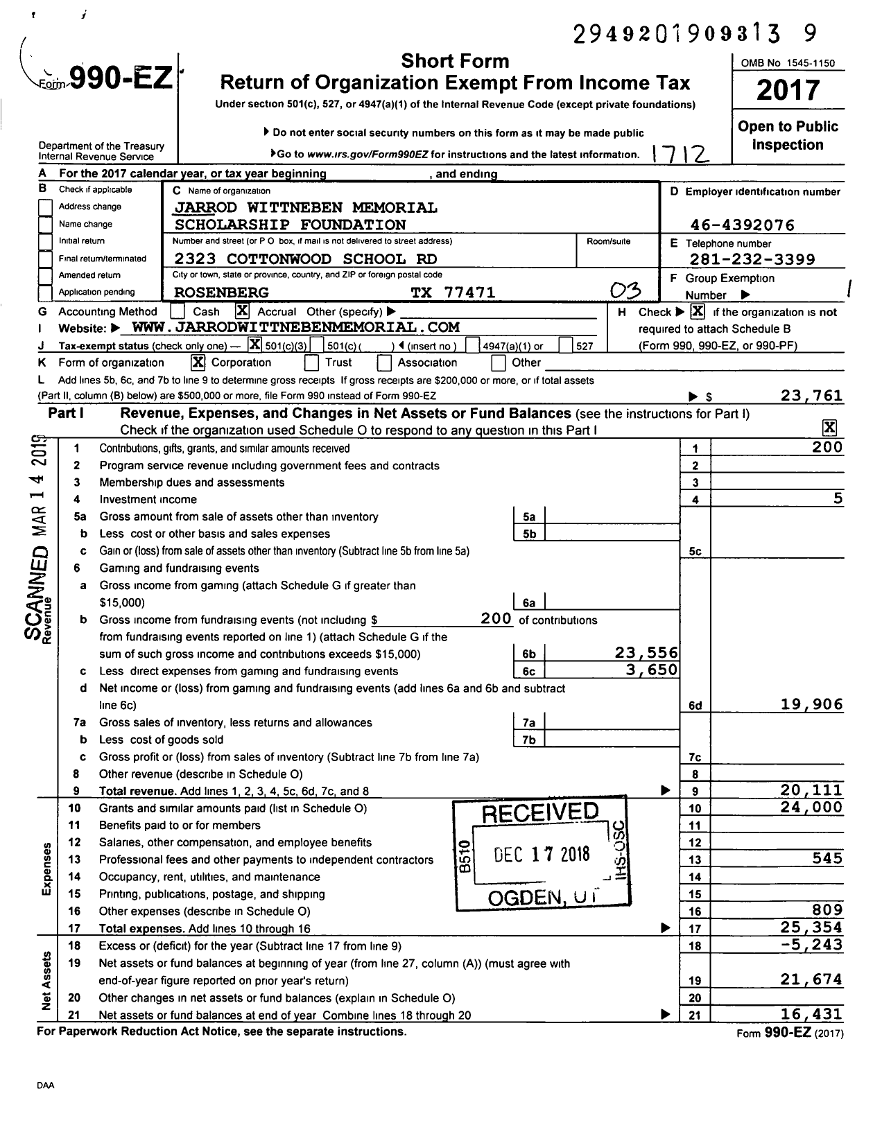 Image of first page of 2017 Form 990EZ for Jarrod Wittneben Memorial Scholarship Foundation