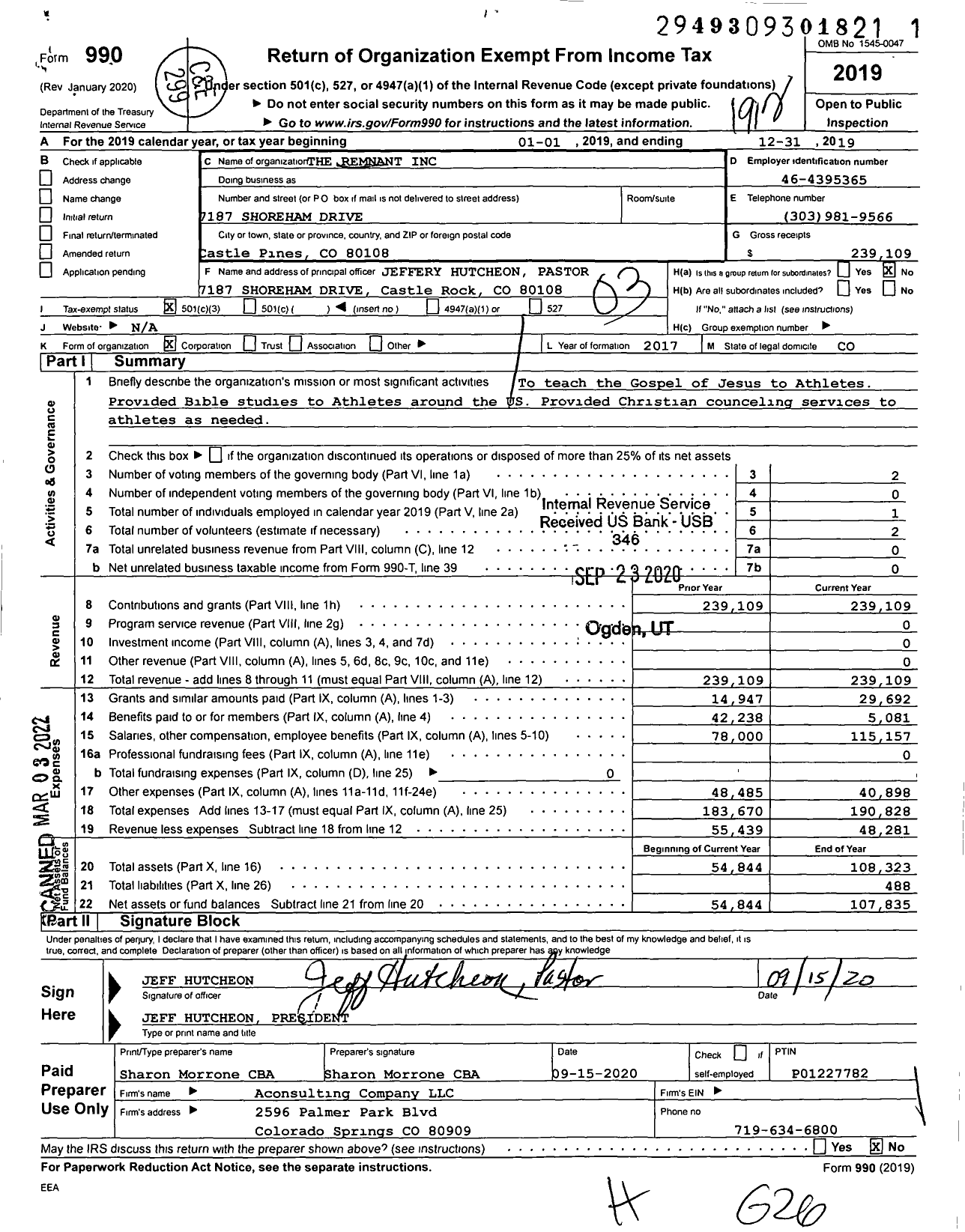 Image of first page of 2019 Form 990 for The Remnant