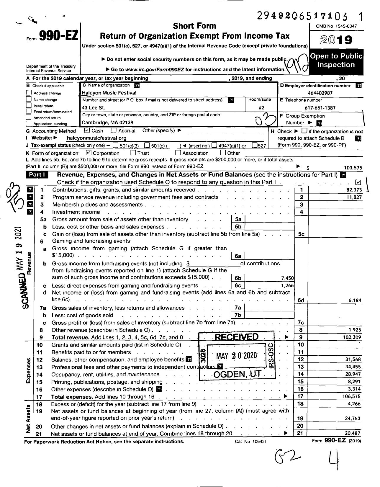 Image of first page of 2019 Form 990EZ for Halcyon Music Festival