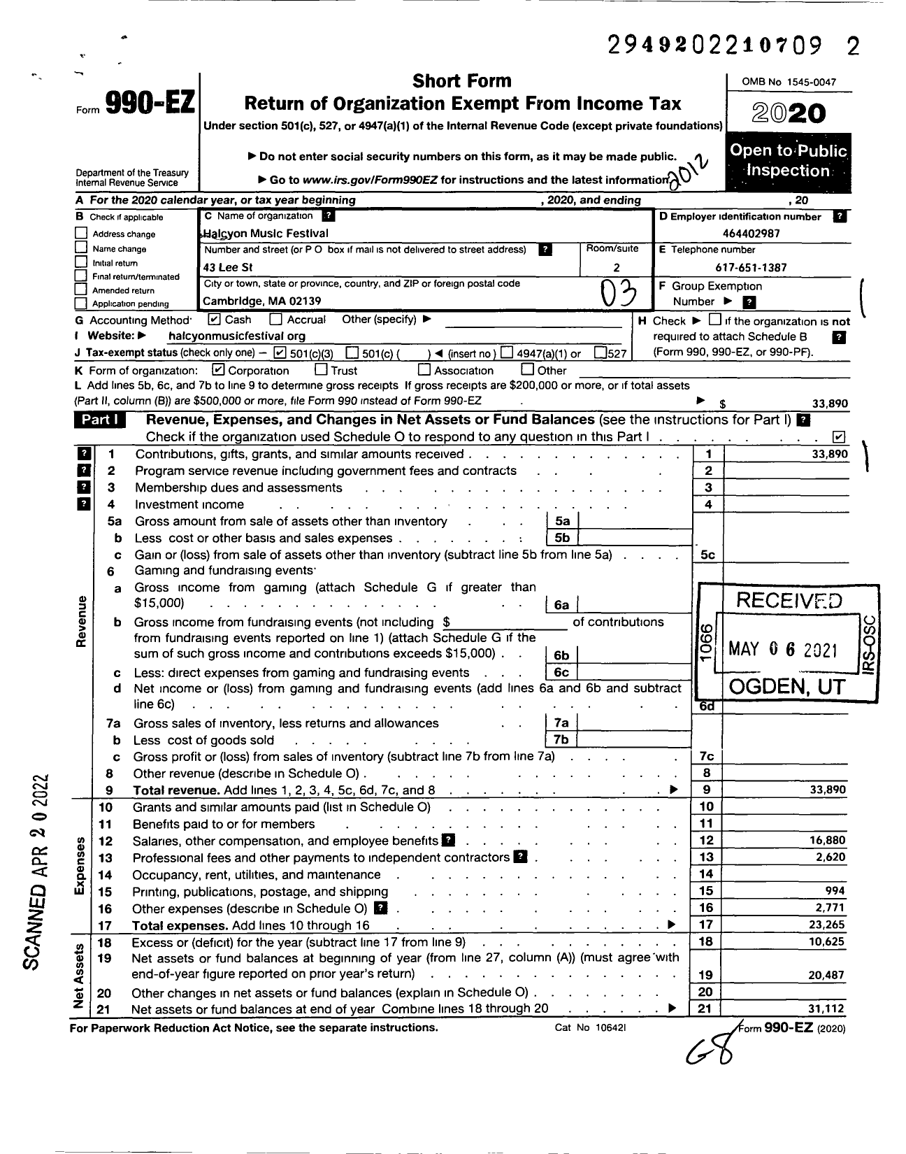 Image of first page of 2020 Form 990EZ for Halcyon Music Festival