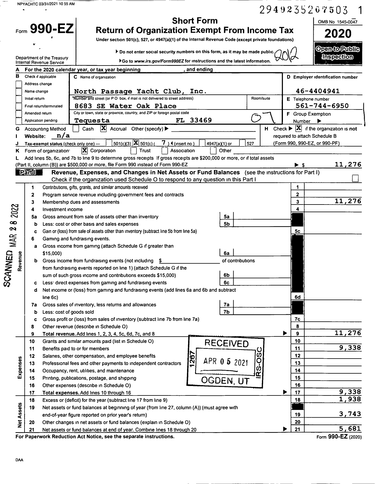 Image of first page of 2020 Form 990EO for North Passage Yacht Club