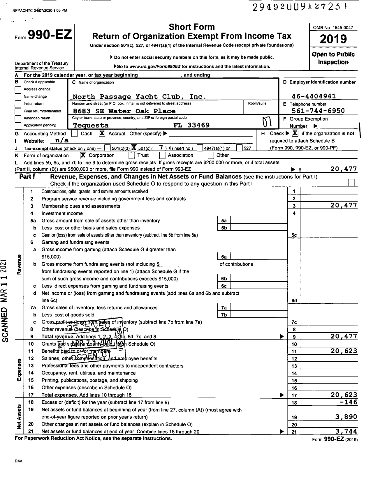 Image of first page of 2019 Form 990EO for North Passage Yacht Club