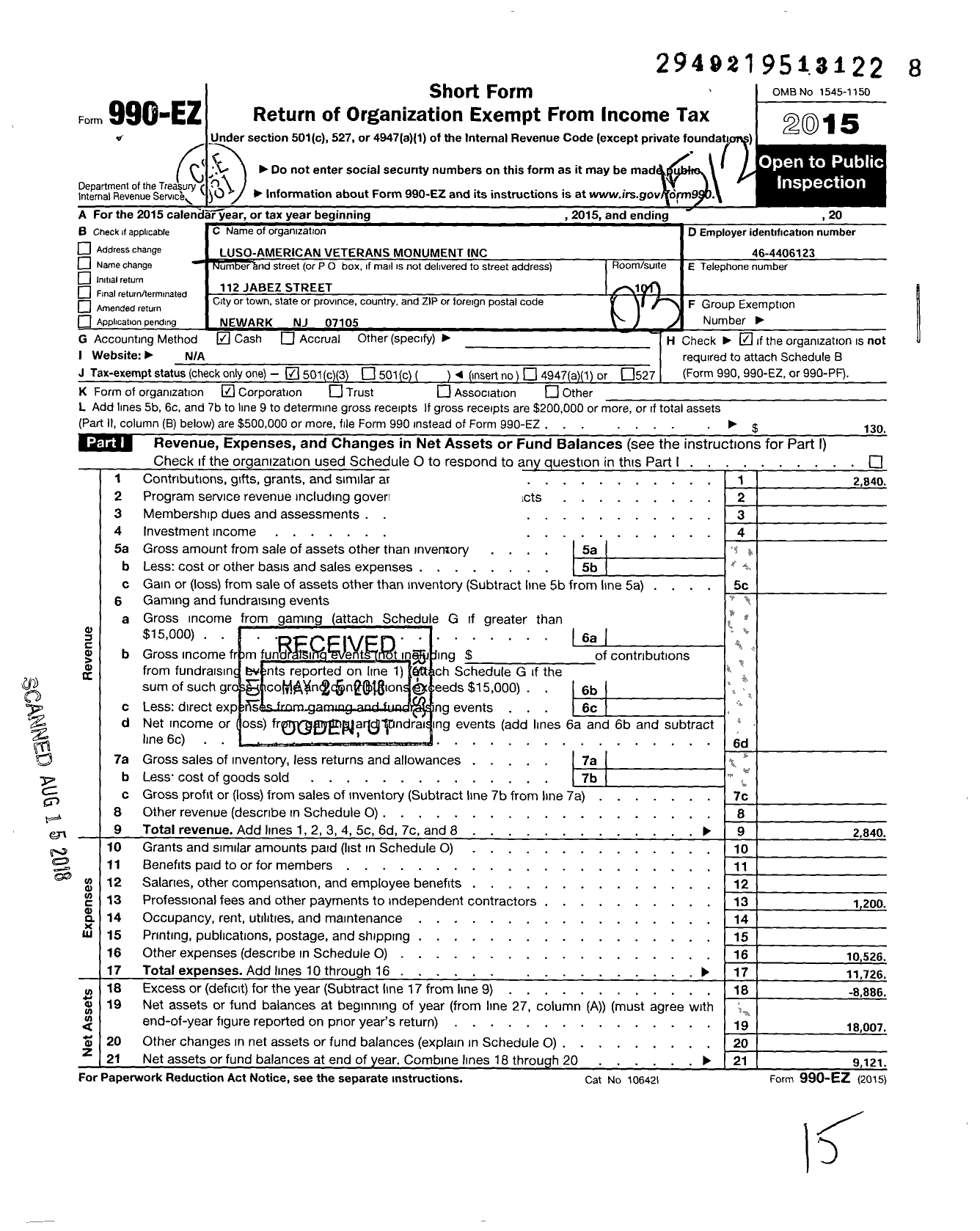 Image of first page of 2015 Form 990EZ for Luso-American Veterans Monument