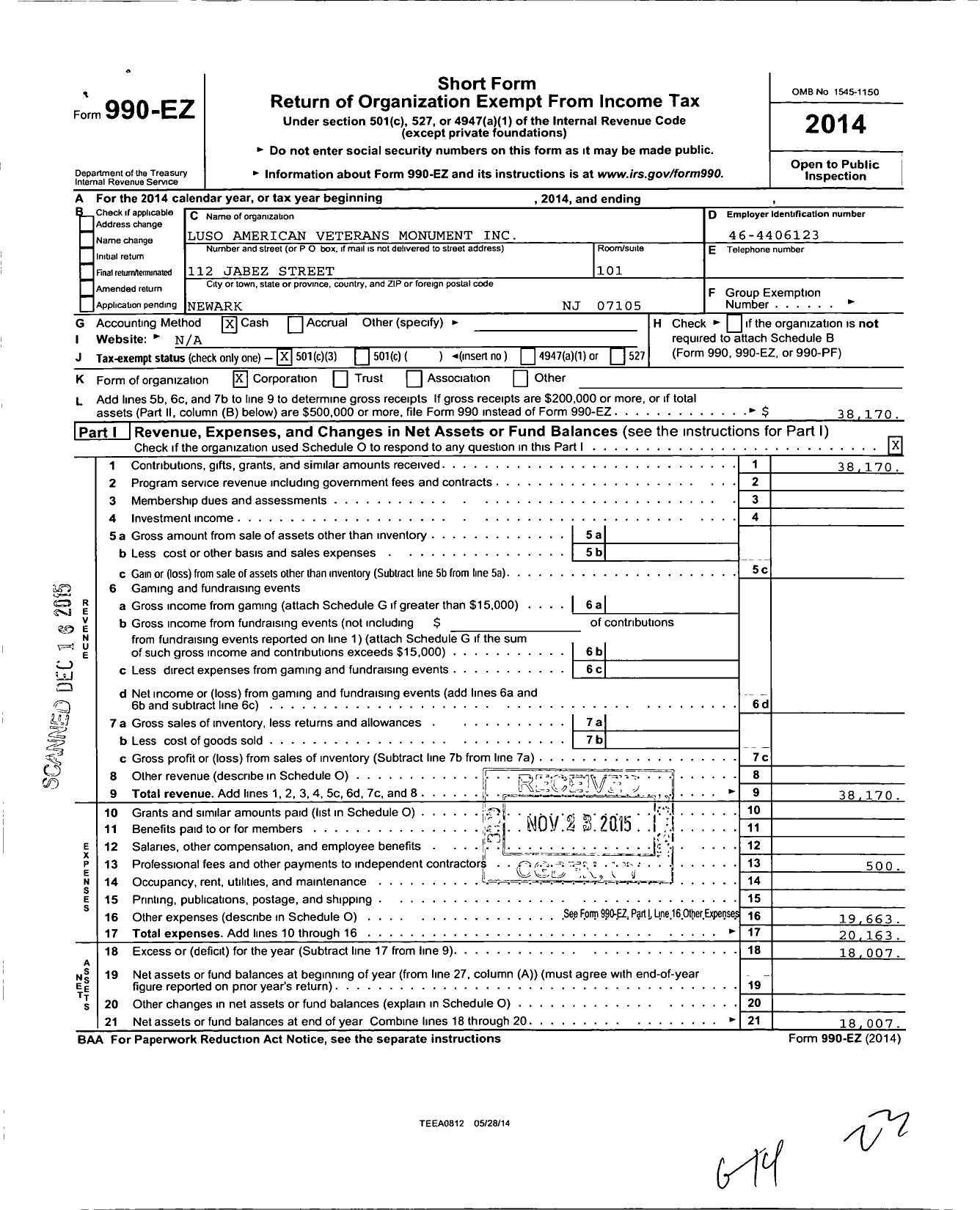 Image of first page of 2014 Form 990EZ for Luso-American Veterans Monument