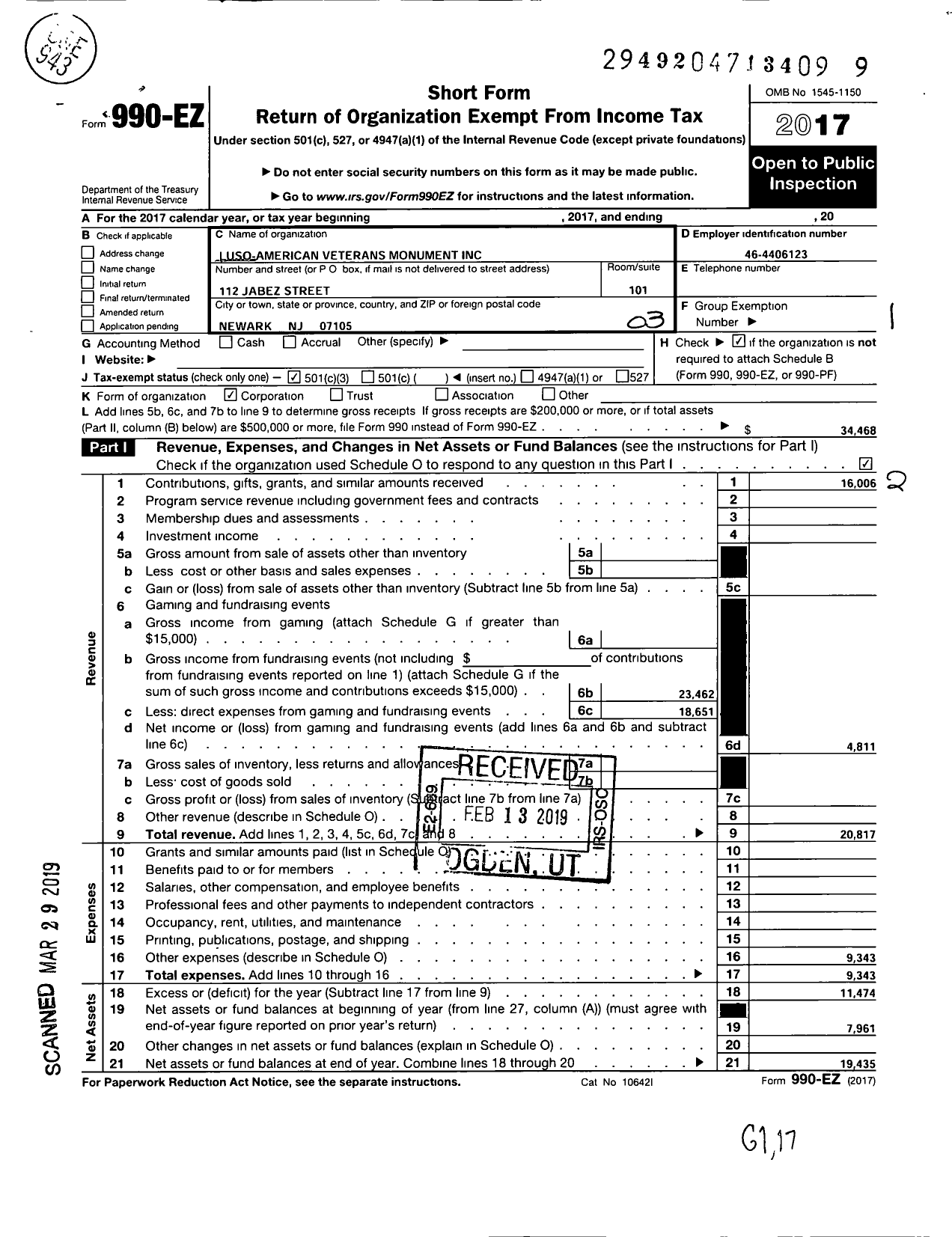 Image of first page of 2017 Form 990EZ for Luso-American Veterans Monument