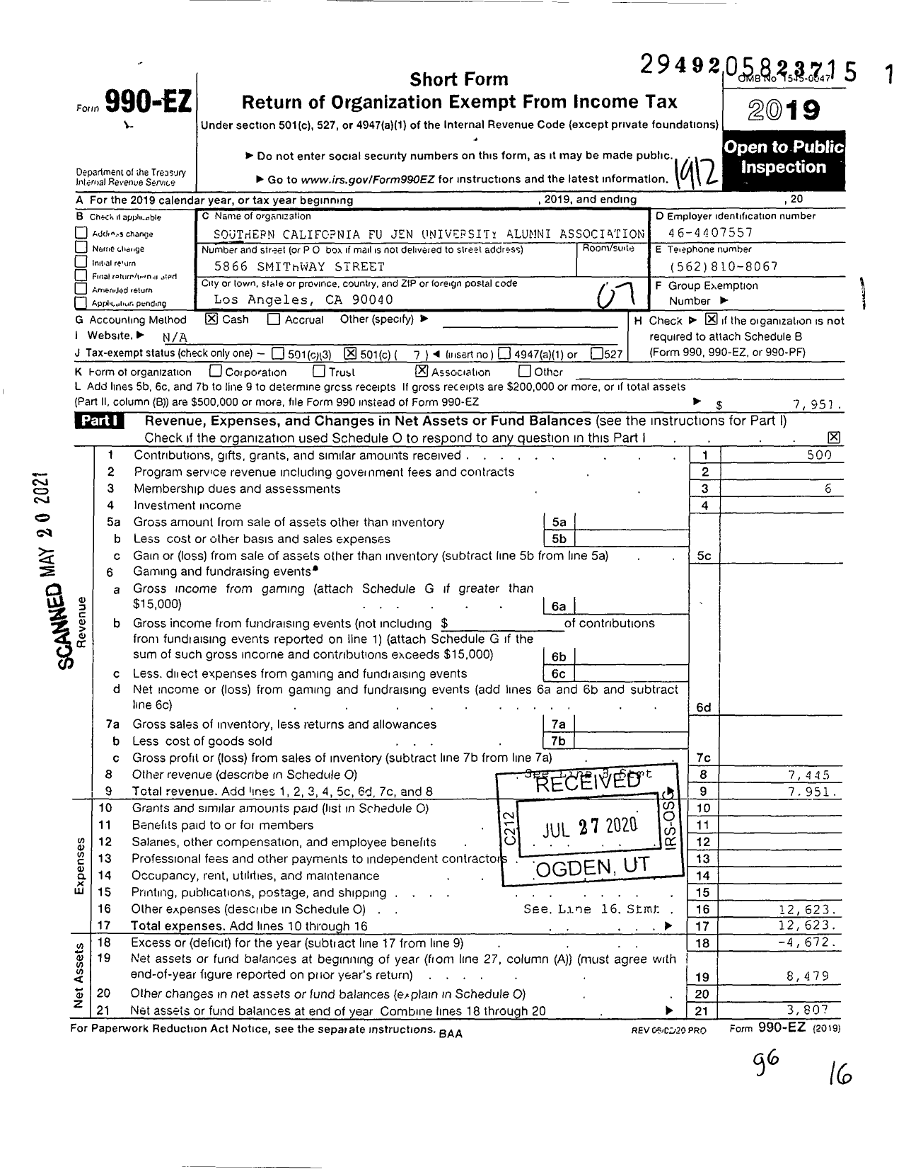 Image of first page of 2019 Form 990EO for Southern California Fu Jen University Alumni Association